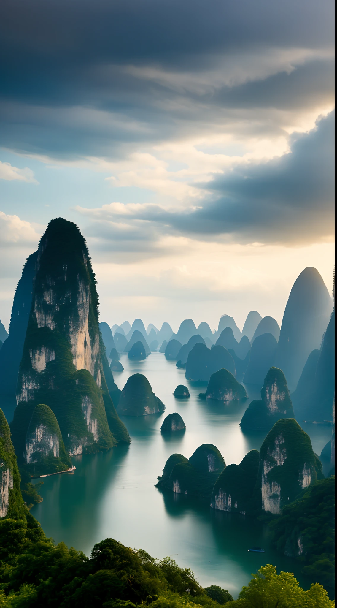 tmasterpiece，Best quality at best，high qulity，the Extremely Detailed CG Unity 8K Wallpapers，scenecy，exteriors，Guilin，Yangshuo，Skysky，​​clouds，daysies，without humans，mont，scenecy，Eau，The tree，blue-sky，precipice，naturey，lakes，rios，Cloudy sky，award winning photography，Background bokeh，depth of fields，hdr，color difference，真实感，The is very detailed，Trends on ArtStation，Trends on CGSociety，iintricate，high detal，dramatics，Midjourney Art