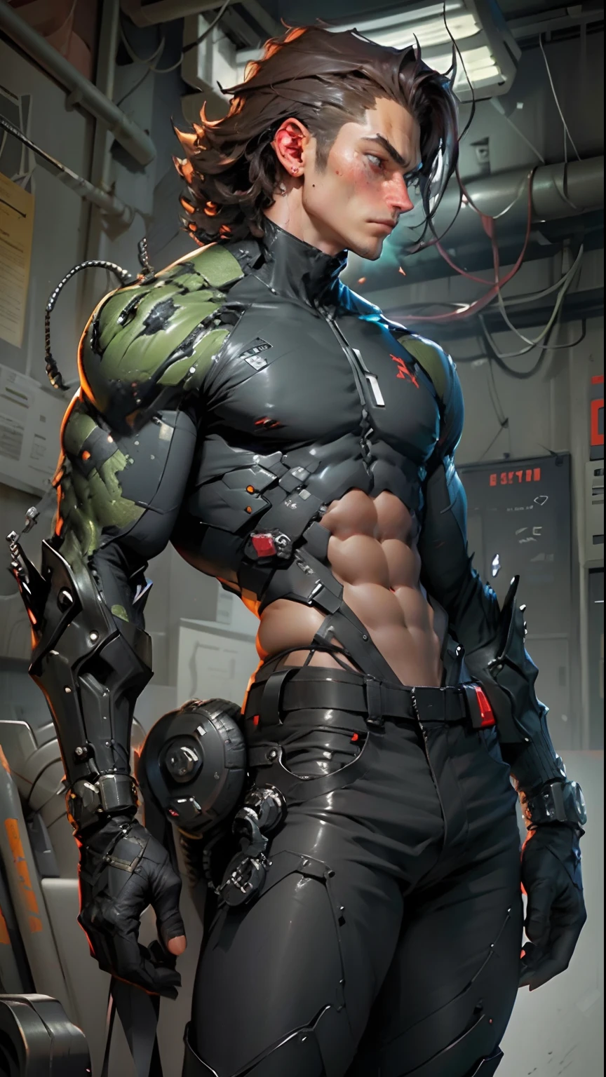 Man body definition thick thigh cybernetic body parts，shorter pants，Half of the face，Half the face of the devil