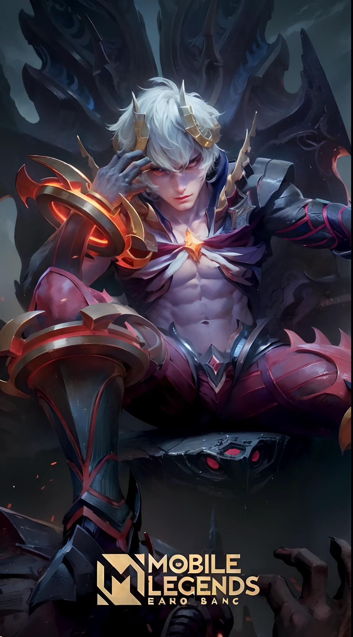 Masterpiece, ultra HD, detailed all picture, a close up of a devil, dyrroth from mobile legend, evil, extremely detailed artgerm, mobile legends character, inspired by Dyrroth, Six pack chest and abs, yellow jewel above the chest.
