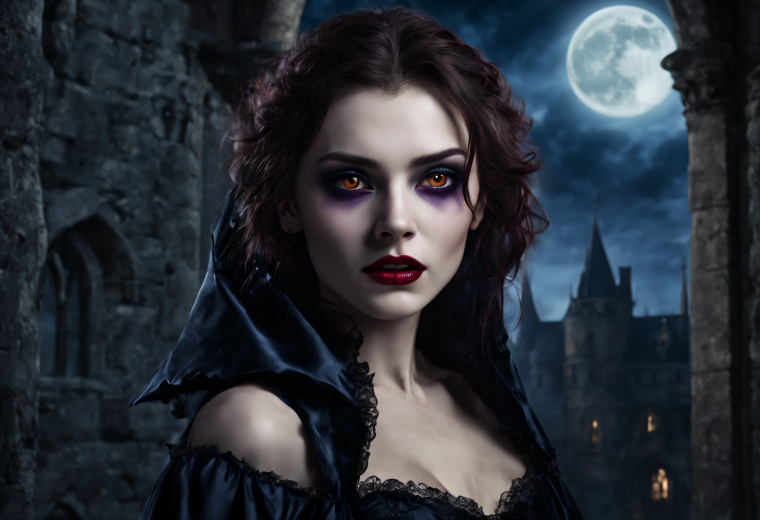 (best quality,4k,8k,highres,masterpiece:1.2),ultra-detailed,(realistic,photorealistic,photo-realistic:1.37),dark atmosphere,portrait of a vampire,vivid red eyes,sharp fangs,detailed facial features,pale skin,dark hair,dramatic lighting,gloomy background,gothic art style,hint of blood,creepy expression,calm and confident posture,full moon in the night sky,transformation of a human to a vampire,ancient castle silhouette,black cloak swirling in the wind,ominous shadows,ethereal beauty,supernatural power,high contrast,color grading of deep blue and purple,hauntingly beautiful,horror theme