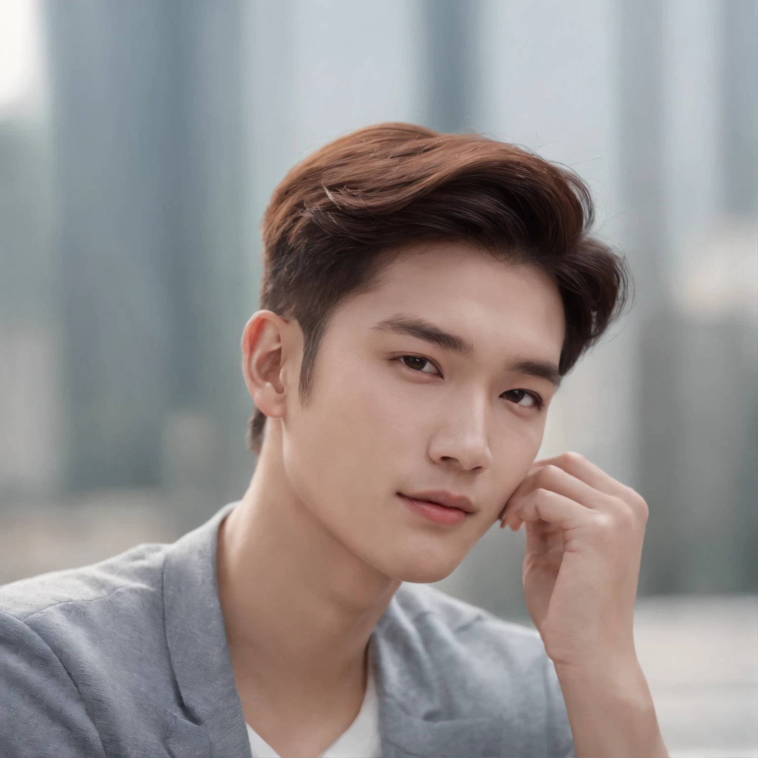 simple, korean man, age 25, height 180cm, normal pose, good face looks, sazzy hairs from middle, handsome, real life, ultrarealistic, no wrinkles, normal face, focused, small smile, attractive, posing in front of camera, classy, rich, influencer, soft-light, model looking in front, focused normal expression, not much light on face, just a bit makeup, accurate face cut and look, remove head marks, and make clear face,