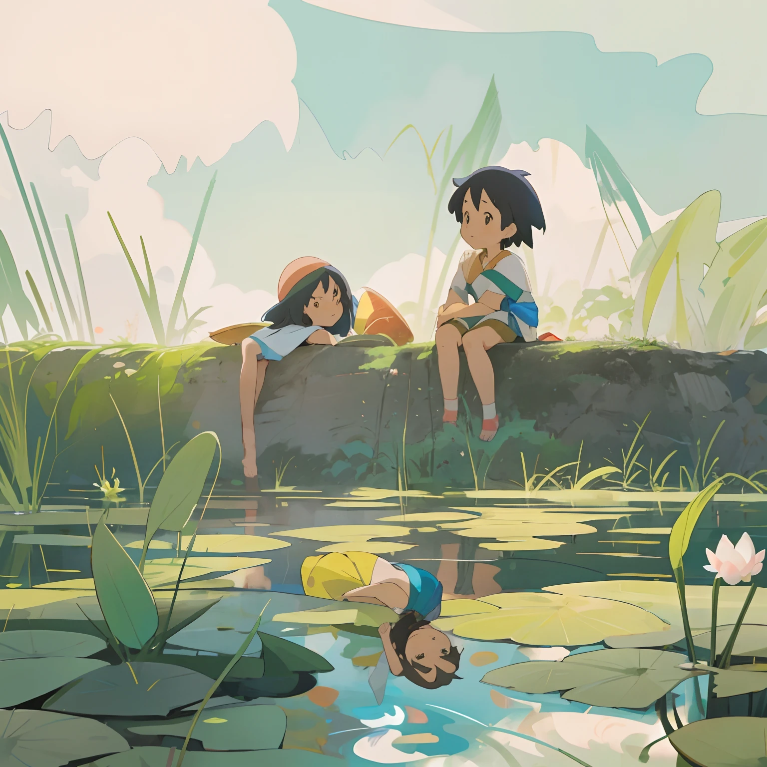 Warm summer,There is a pond at the bottom of the picture,There are a small number of lotus leaves,Above is a clear sky,In the middle are rice fields and grass,There are children sitting on the dirt slope in the middle,calm afternoon, studio ghibli artstyle,anime illustrated,tmasterpiece。