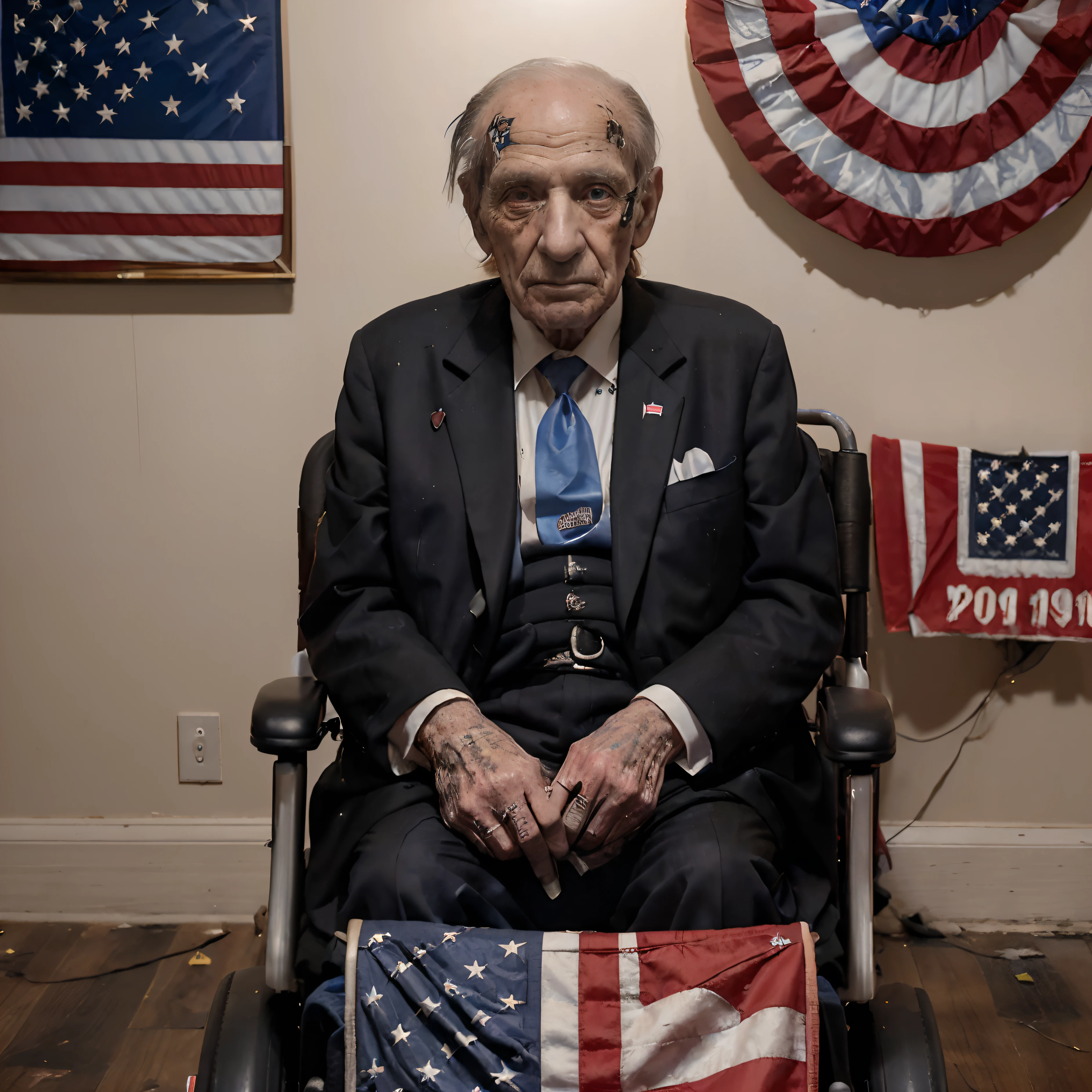 (((dying corrupt politician))) named "Holden Bloodfeast", (((a 109 year old man))), sickly, oxygen tank, (sitting in a motorized wheelchair), official photo, ((US flag in the background with Star_of_David replacing stars)), wearing a baggy tuxedo, caricature, humourous, ((((dying corrupt politician)))), painting in the background of a nuclear explosion,