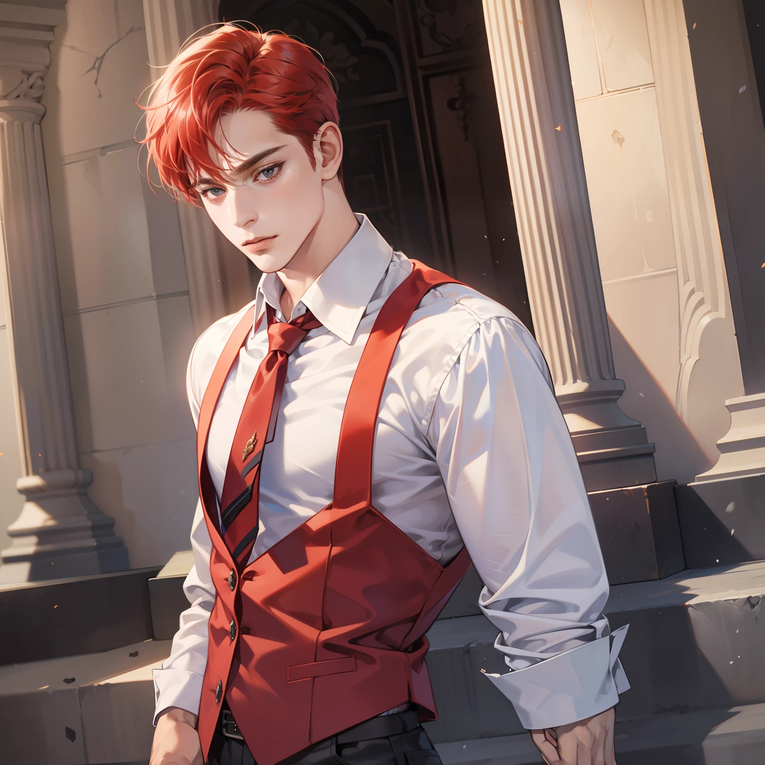 Masterpiece, high quality, best quality, HD, realistic, perfect lighting, detailed body, 1 man, red hair, calm expression, tie shirt , in the palace