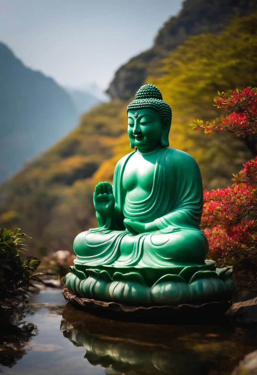 ((raw photograph))A large jade emperor jade Buddha sitting on a mountain., Fuji 1.:1 , Sharp face.cheerful.bright, The bottom is water..., There is a lotus flower..., 8K clarity.Clearest shadows.