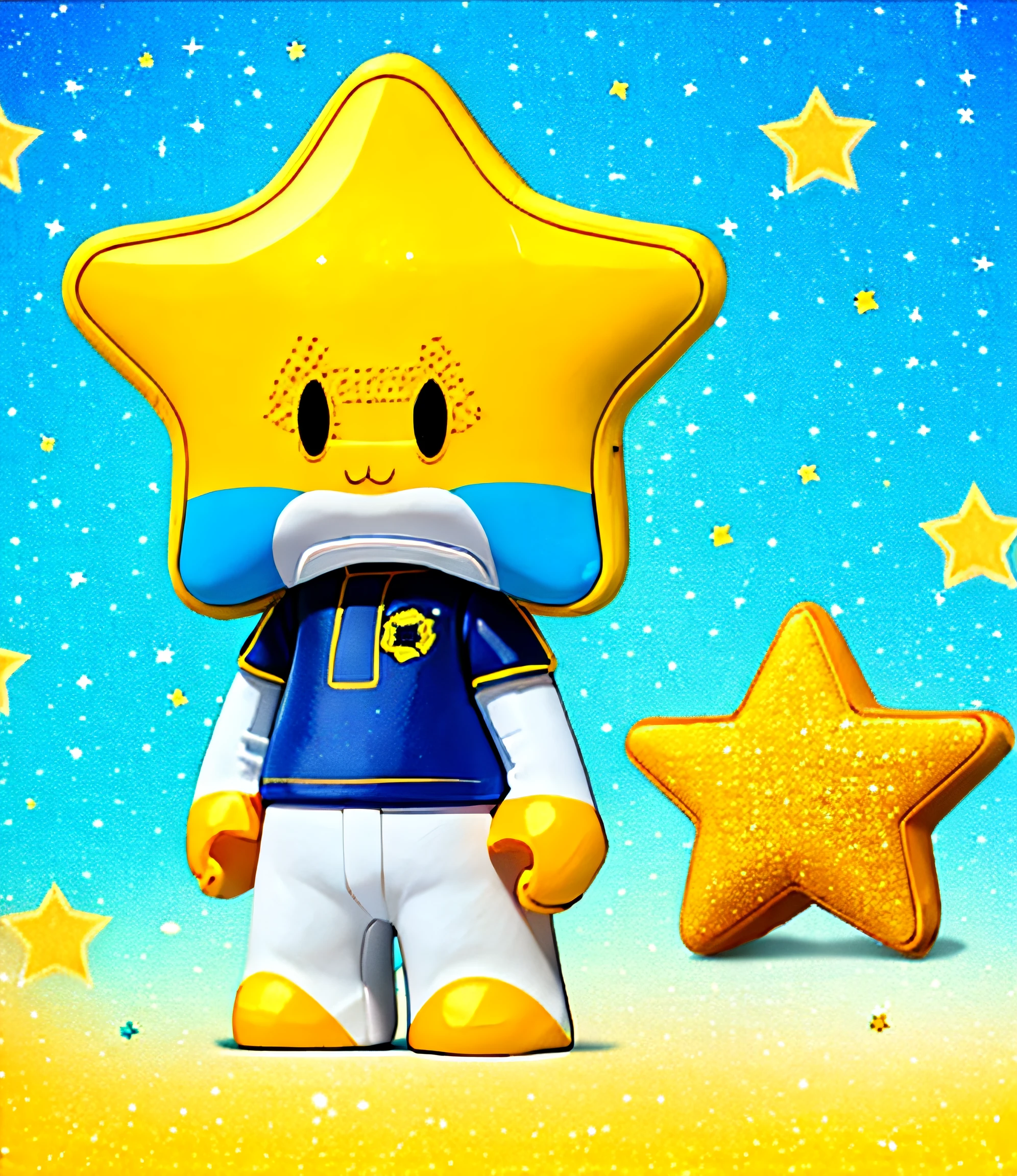 There is a yellow star,Wearing a blue shirt, stars as pupils, Danbru, full body mascot, vinyl toy figurine, Star, japanese mascot, danbooru and artstation, cereal mascot, michilin star, character is standing, Depibru, sports mascot, starlights, videogame character, Stars shine, merged character, madeline from celeste