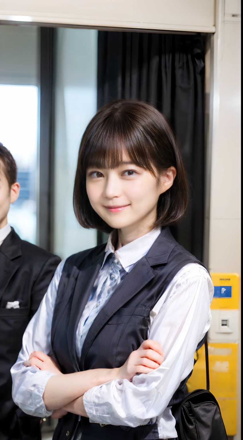 51
(19-year-old woman), (A hyper-realistic), (Masterpiece), Short Bob Cut, Airport Cabin Attendant, kindly smile