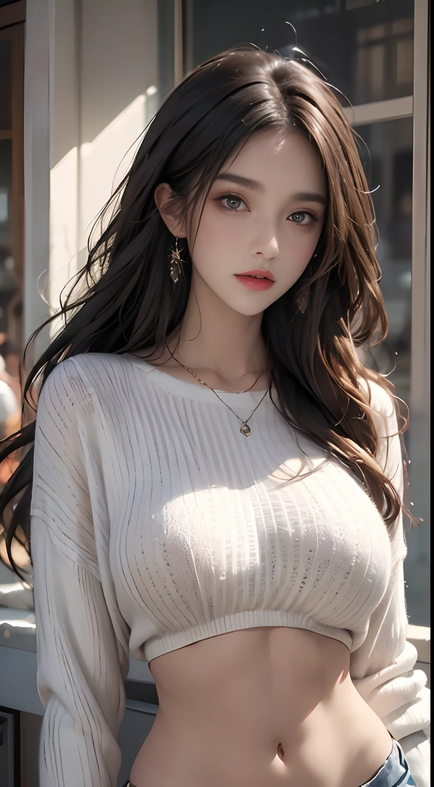 wearing sweater、nffsw,best qualtiy:1.4, Photorealista:1.4, Skin Texture:1.4, ​masterpiece:1.8, 1 Women, hips up high, beautidful eyes, The long-haired, Ringed Eyes, large full breasts