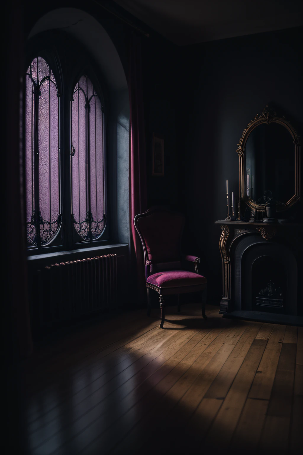 photographie, bedroom, gothique, Gothique, Dim Light, miroir, gargouille, Rideaux sombres, Peintures de Satan, ornement, Parquet, Purple Red Light, nuit, window, monstre