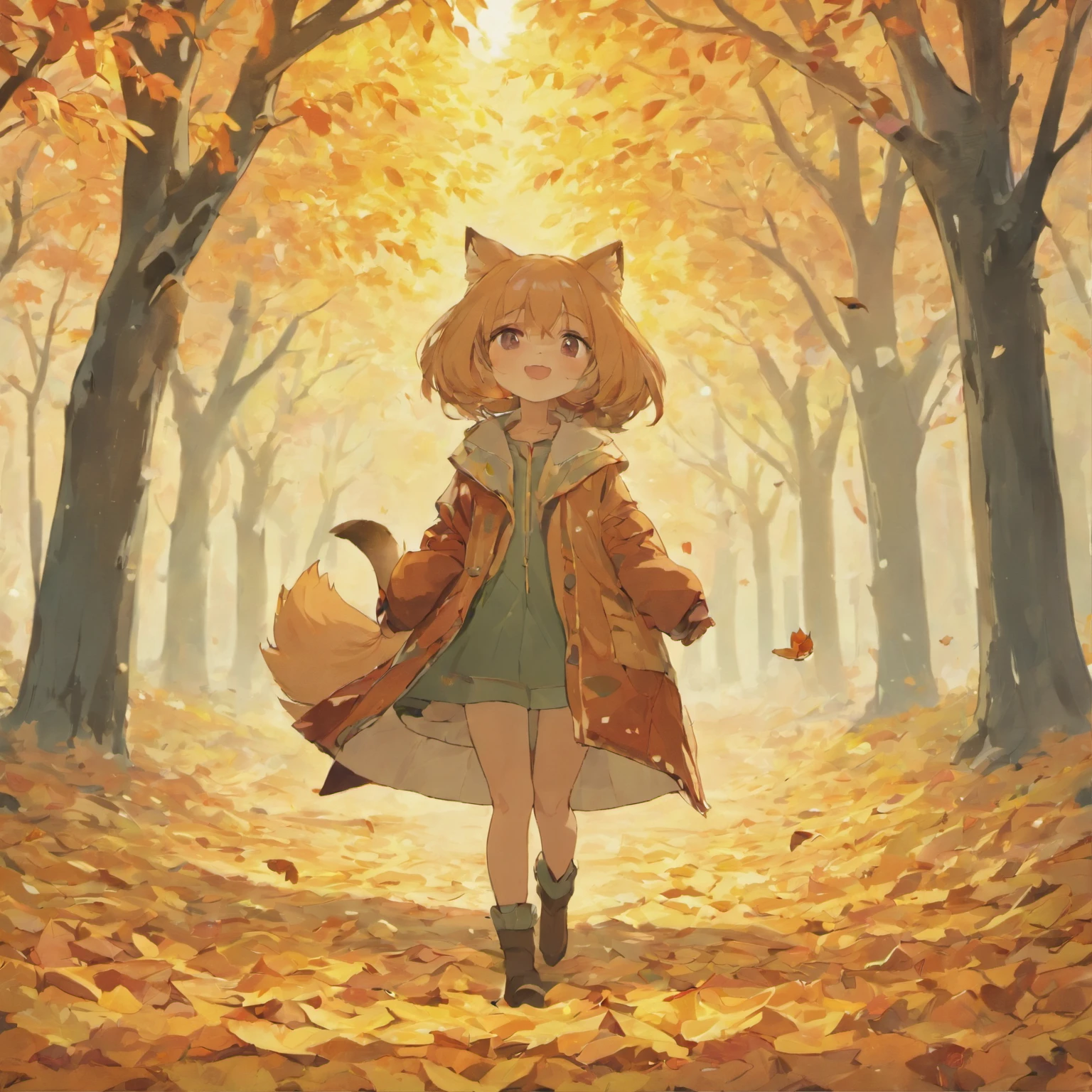 (Best Quality,4K,8K,hight resolution,masutepiece:1.2),Ultra-detailed, a lot of fallen leaves,Colorful autumn scene,Red nuts,cute fox,autumn forest,Mantofox made of maple leaves,Hide fox,Tree roots,rainy day,serene ambiance,maple trees,Colored leaves,Beautiful colored fox,dark green and orange leaves,,,A smile,Tasty-looking nuts,peaceful environment,Natural lighting,Soft raindrops,Leaves in the ground,Gentle fog,The tree々The sun flickers,Majestic tree trunk,Innocence,Cute atmosphere