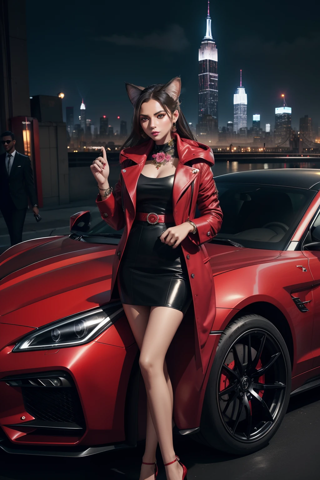 Girl with ears,Photo of a cat in a stylish suit，Sabatra,sportscar,red car,trends in the art station，Wear fashionable clothes，hyper realistic detailed rendering，Urban style，intimidating pose，fashionable outfit，Flower bouquet，Wink，date，Stylish cityscape,good coat,nighttime scene,Fashionable,Empire State Building,kirakira