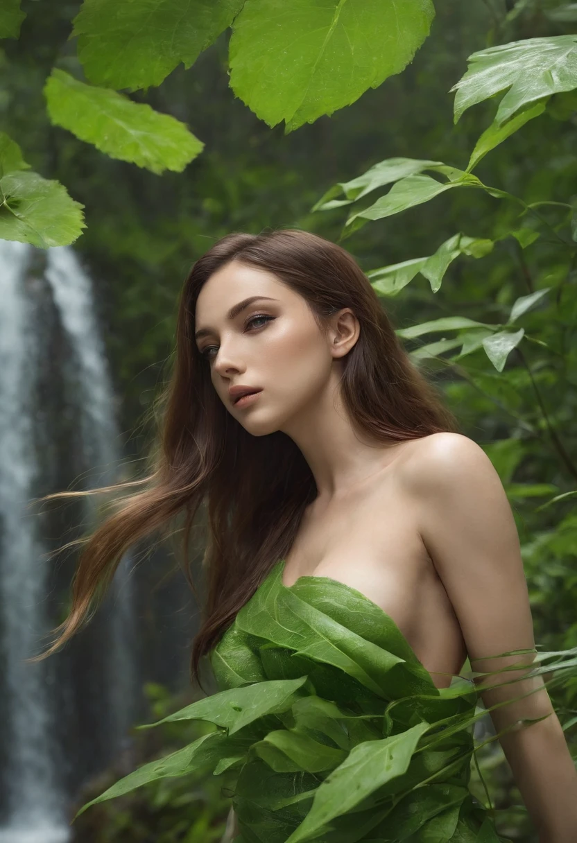 (1woman), extremely detailed CG unified 8k wallpaper, Highly detailed, High-definition raw color photos, professional photograpy, Realistic portrait, celebrities, makeup, straight hair, brunette, (Big breasts:1.3), (Wear natural leaves on her body:1.6), outdoors, jungle, (Landscape with heavy rain in jungle:1.2), (waterfalls:1.5), ((rivers)), heavy Rain, (whole body soaked:1.3), (((Bokeh))), depth of fields,