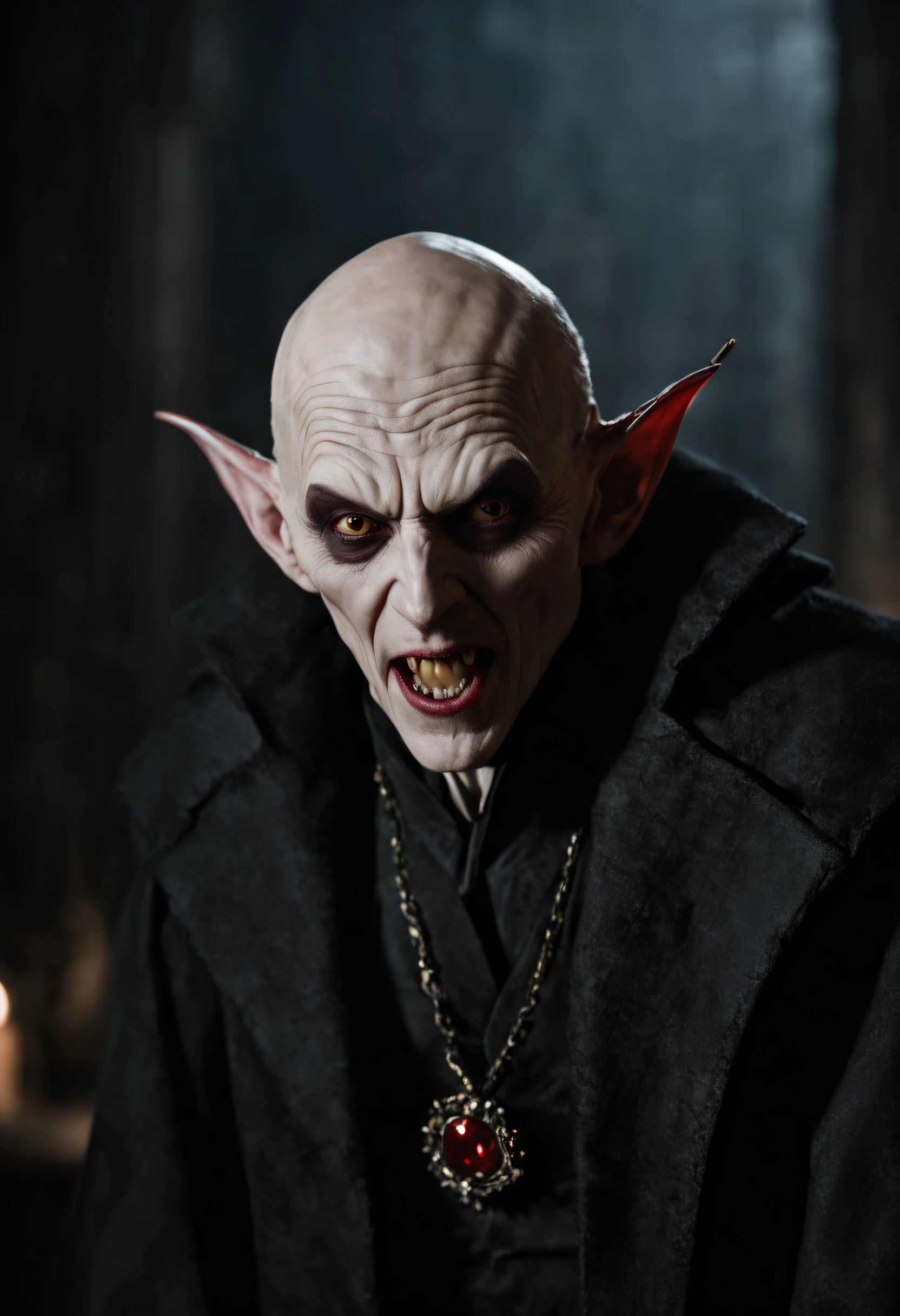 (((best quality)), ((masterpiece)), ((ultra realistic)), majestically detailed portfolio photograph, (professional black and white portrait photograph:1.4), glamor photography, night time, low angle, terrifying fierce male Nosferatu vampire lord, (gaunt face, emaciated, haunting big eyes, elderly, bald, wrinkled skin:1.3),( long fangs:1.3), tattered robes, pasty skin, dark gothic cathedral interior, detailed background, best quality, soft cinematic lighting, sharp focus, cinematic film still from 30 Days of Night|Interview with the Vampire