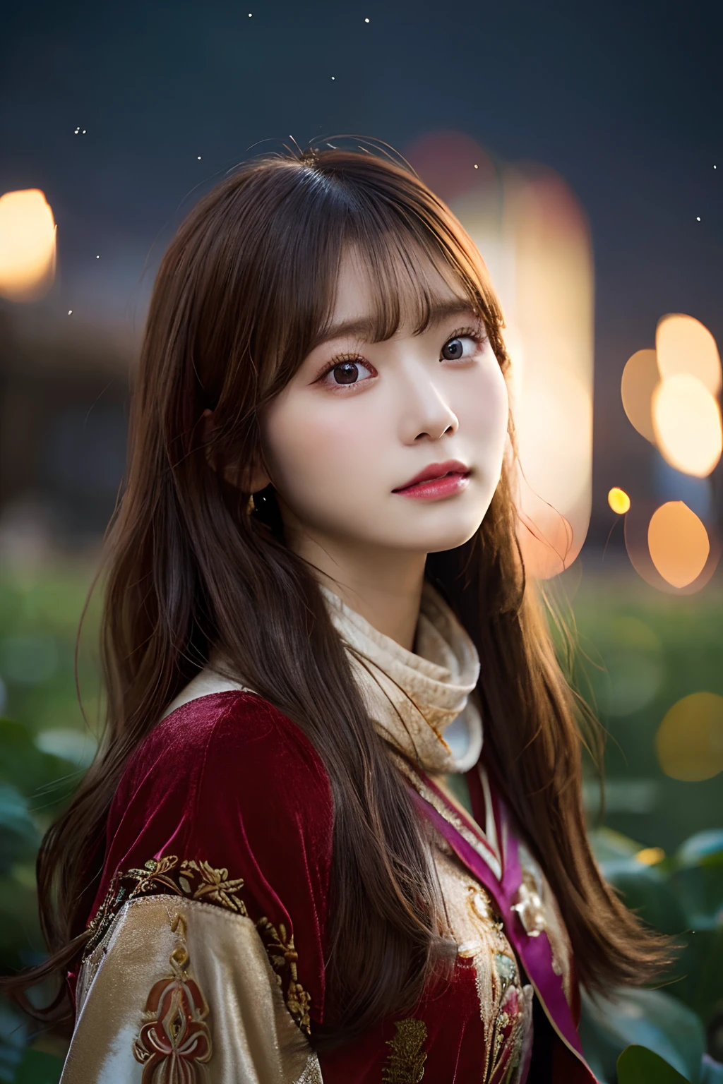 (RAW Photo, Best Quality), (Realistic, Photo Realistic: 1.3), Best Quality, Highly Detailed, Masterpiece, Ultra Detailed, Illustration, velvet dress,  1 Girl, full_body, Dynamic Angle, Extremely Detailed CG Unified 8k Wallpaper, Ink, Amazing, Movie upper_body, Dynamic Angle, World Mastery Theater, messy_long_hair, Best Quality, Extremely Detailed CG Unified 8k Wallpaper, Ink, Amazing, Movie Lights, lens_flare, dunhuang_style, Detailed Face, Beautiful Rendering of Tang Dynasty, (Deliberate expression: 1. 5), Standing in a flower field, (Looking up at the stars: 1.2), Fireflies, Scarf floating , sony master shot, woman posing for photo in front of tv, inspired by Fei Danxu, brown hair and bangs, hi-res screenshot, nicovideo, normal hands, vivid colors, full face shot of limur tempest, nice studio lighting, vhs screenshot, beautiful fine face