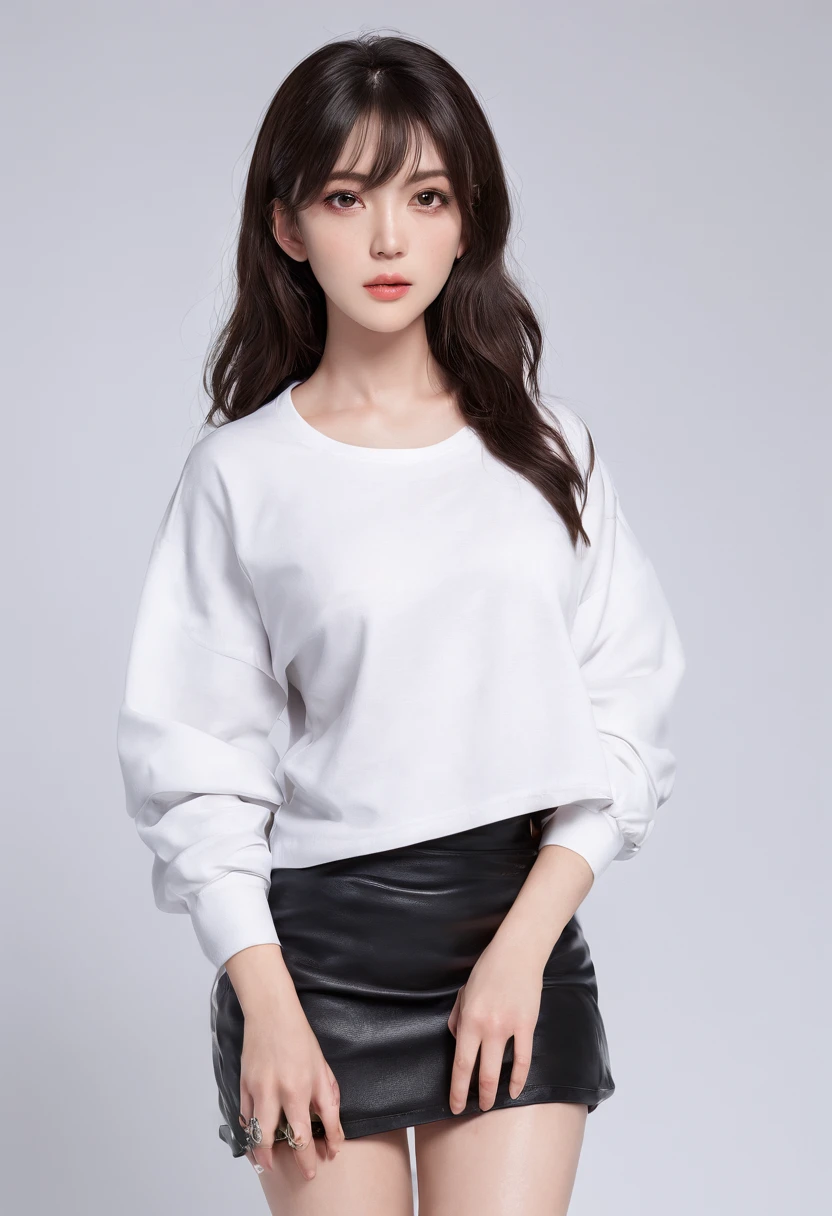 ((masterpiece, best_quality)), 1 girl, (photorealistic:1.4), natural make up, white_background, black_hair, long_hair, waist, navel, zettai_ryouiki, over size long sleeve XL T-shirt, mini skirt, ((full_body)), delicated nice body