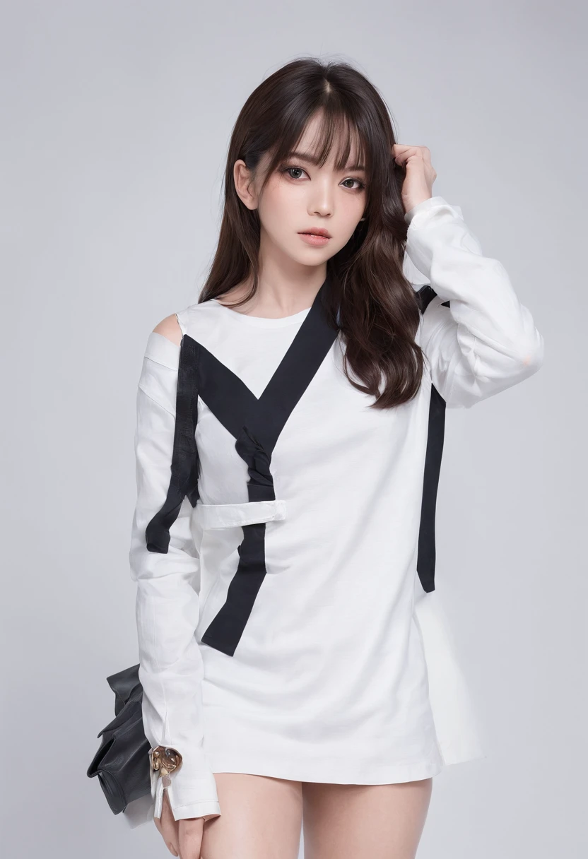 ((masterpiece, best_quality)), 1 girl, (photorealistic:1.4), natural make up, white_background, black_hair, long_hair, waist, navel, zettai_ryouiki, over size long sleeve XL T-shirt, mini skirt, ((full_body)), delicated nice body