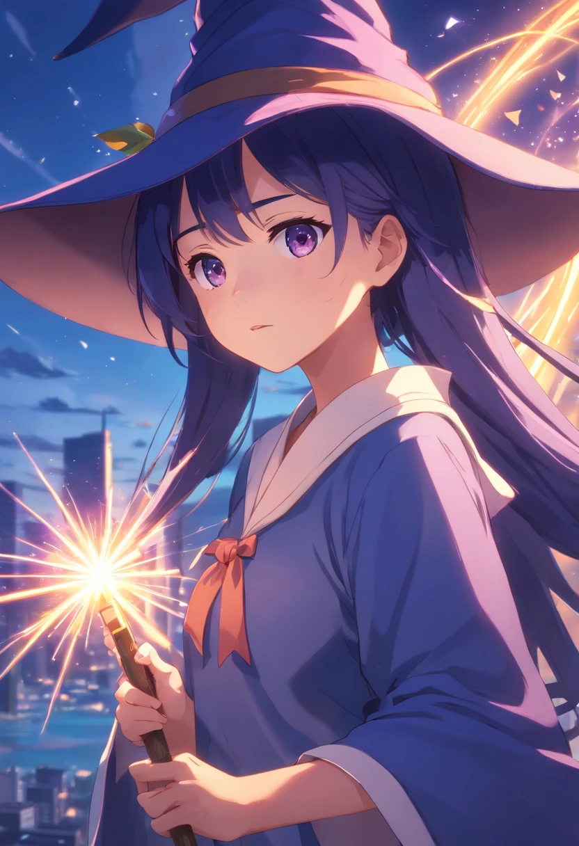 girl with、soio、kawaii、Witchish、academy、Wearing a witch's hat、Not convinced、Anxious、{{{Indigo hair}}}、Long hair in braids、Surrounded by white light、Eyes are purple、Beautiful eyes、Mysterious aura、Broom in one hand、Mistress、childlike