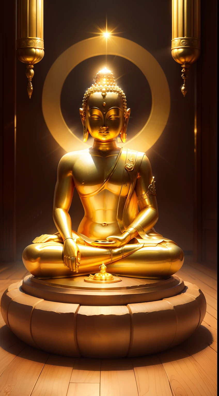 Golden Buddha statue with a shining halo, buddhism, the buddha, budista, Buddha, samsara, Enlightenment, beautiful gold saint, Spiritual enlightenment, Pushkaraka, Enlightenment, buddhist art, Shining golden aura, Enlightenment. Convoluted, on path to enlightenment, on path to enlightenment, radiating golden light