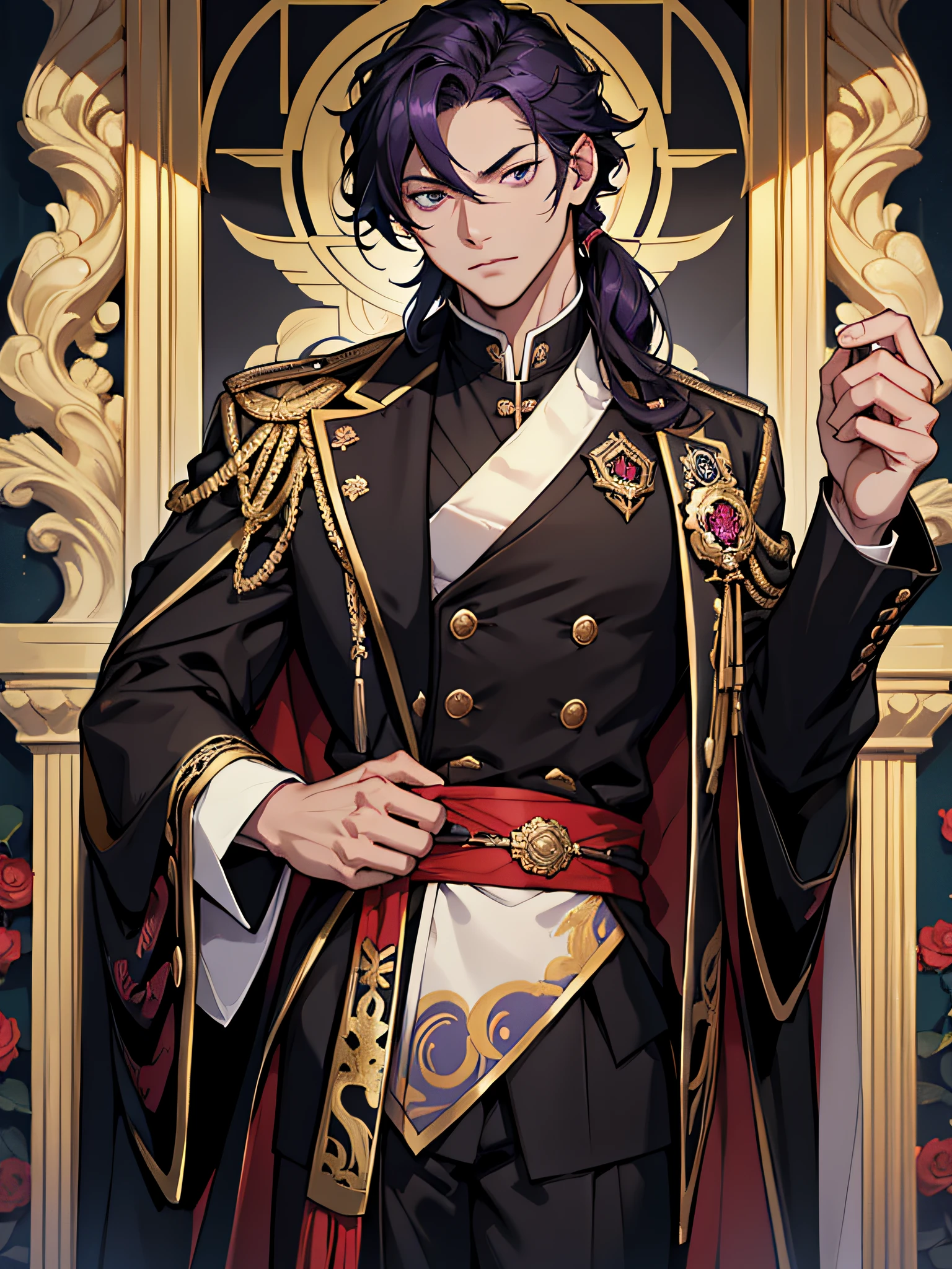 wearing a black noble suit, jk uniform, ((wearing aristocrat robe)), inspired by Okumura Masanobu, ornate attire, inspired by Okumura Togyu, gilded black uniform, professor clothes, clear outfit design, illustrious clothes, clothed in ancient suit, magic uniform, one man, black suit, purple hair, shoulder length hair, black eyes, dark eye bags, pale tan skin, red nose, panda eyes, villain