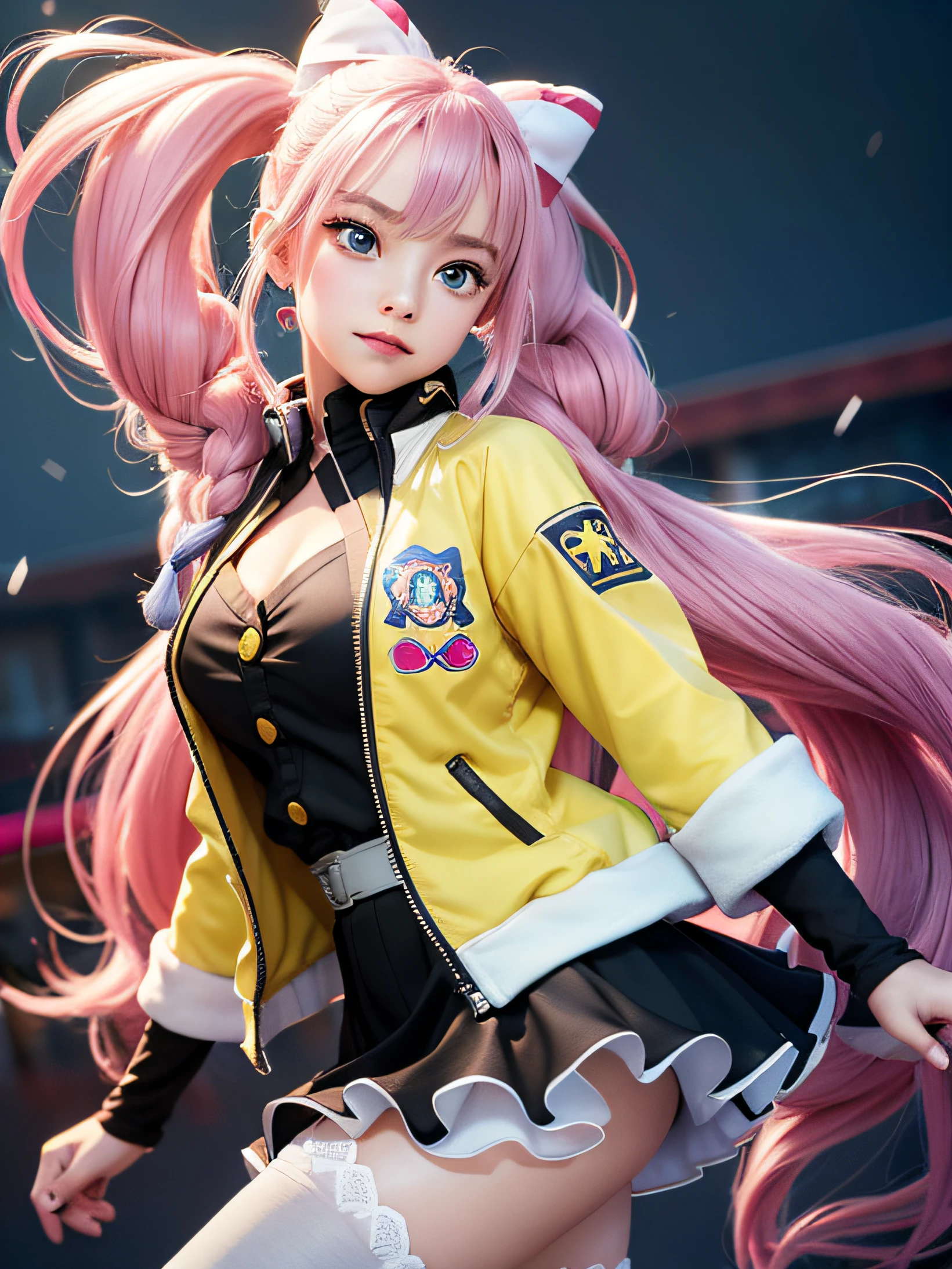 Unbeatable masterpiece, Ultra photo realism , Perfect artwork , Intricate details , Best quality , Strong light , High contrast , Dynamic pose , Dutch angle , ((Depth of field:1.8)) , 1 girl , Character hair accessories , Solo , Yellow jacket , Long hair , hair adornments , One-leg tights , Jacket , thigh band , Pink hair , multicolour hair , Pantyhose , sleeves past wrists , sleeves past fingers ,bow-shaped hair , low-tied long hair , view the viewer , Breasts , Very long hair , Blush , grey pantyhose , Very long sleeves , two tone color hair , Oversized clothes , bangs , rainbow eyes , double tails , Simple background , Long sleeves, (random result), (RAW style, masterpiece, best quality, hyperrealistic, highres, unreal engine), pokemon, cowboy shot of Iono the Pokemon Trainer