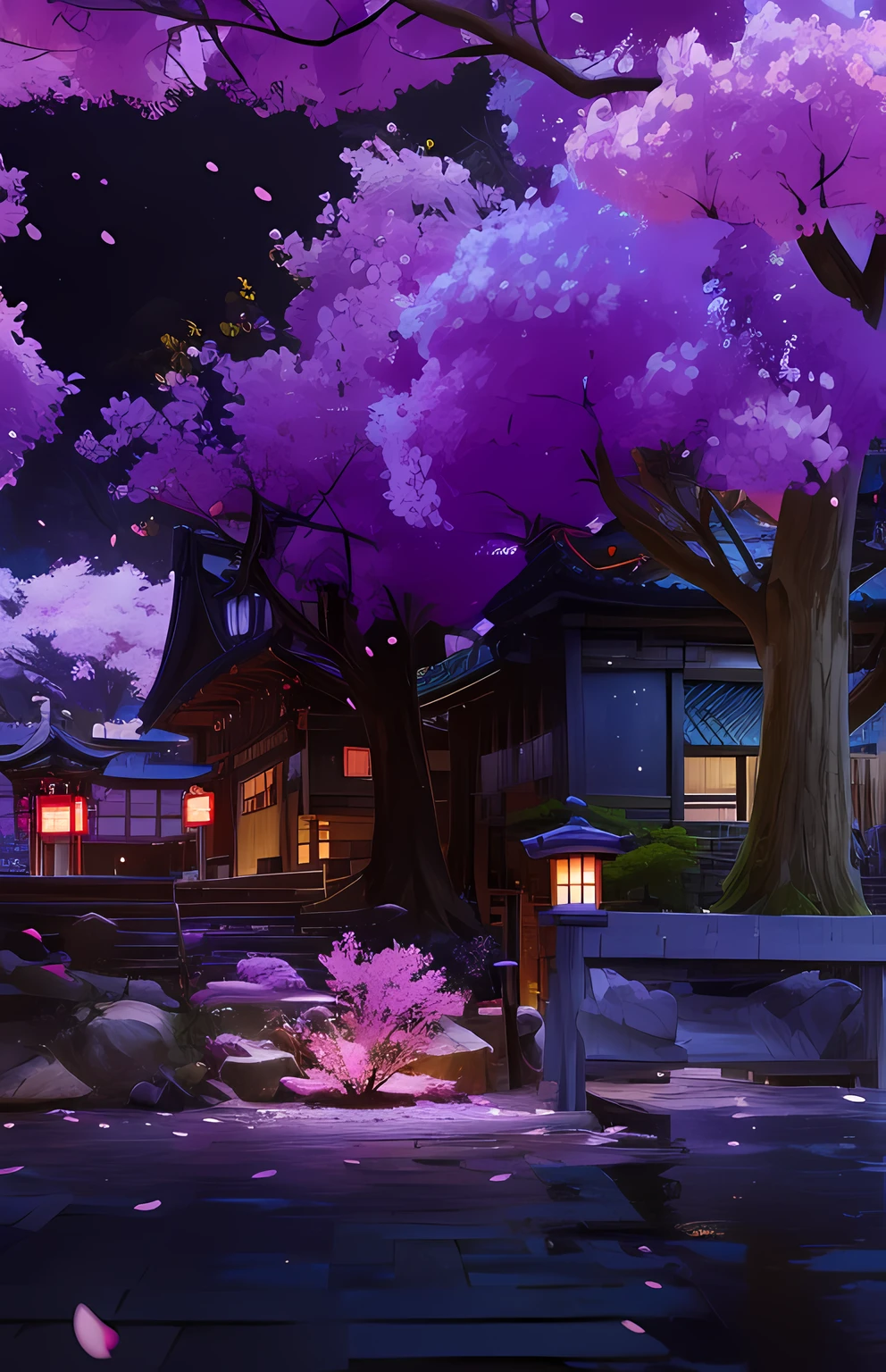 purple trees in a japanese village at night with lanterns, sakura season dynamic lighting, cyberpunk japanese temple, colorful kitsune city, japanese town, screenshot from overwatch, screenshot from fortnite, nightime village background, from overwatch, cherry blossom forest, heroine japan vivid landscape, japanese village, purple scene lighting, background art, magnificent background, colorful anime movie background