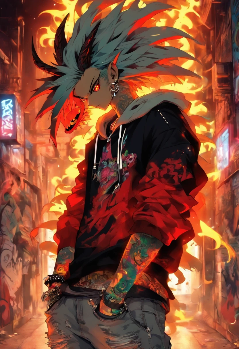 A cool and trendy Dragon, platinum golden hair, red eyes, wearing trendy hip hop clothing, wearing a hoodie, graphic t-shirt and torn jeans, tons of tattoos and piercings, graffiti style background, highly detailed background, perfect masterpiece, high quality, high resolution