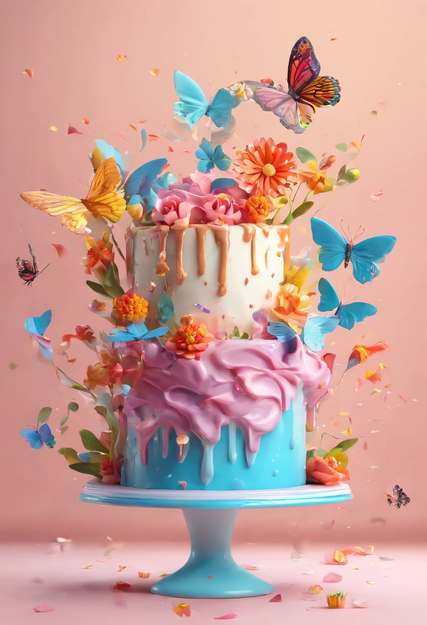 (Close-up of cake melting in cup),Flowers and butterflies in the cake,Illustration element,