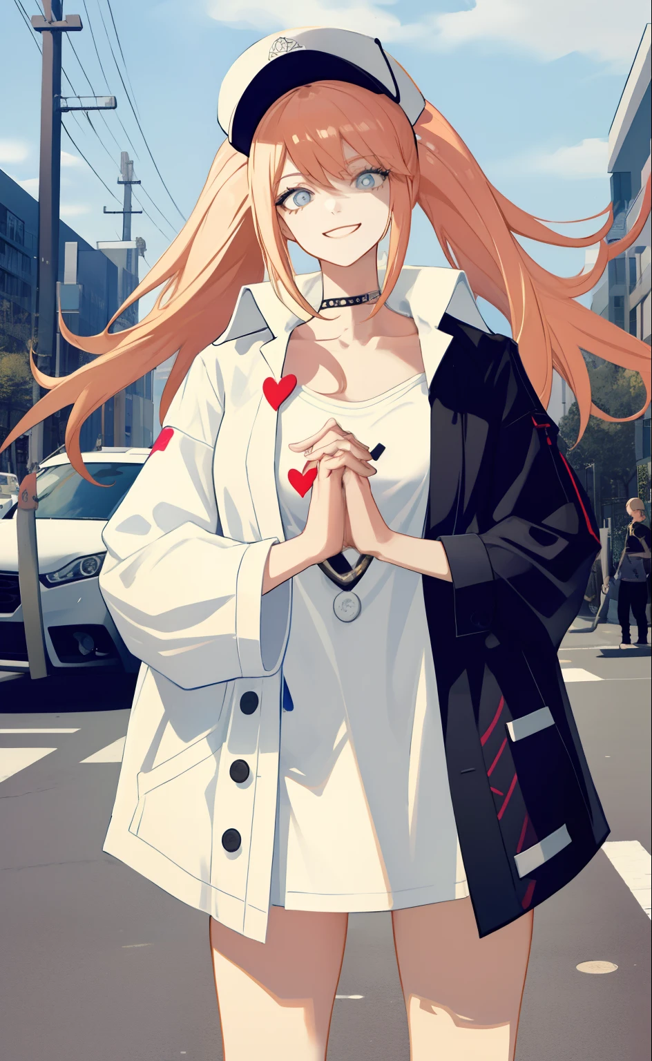 masterpiece, best quality, 2others, couple, 1man with 1woman, Height difference, happy, love, smile, casual clothes, oversized shirt, different fashions, modern urban street, holding hands, hat