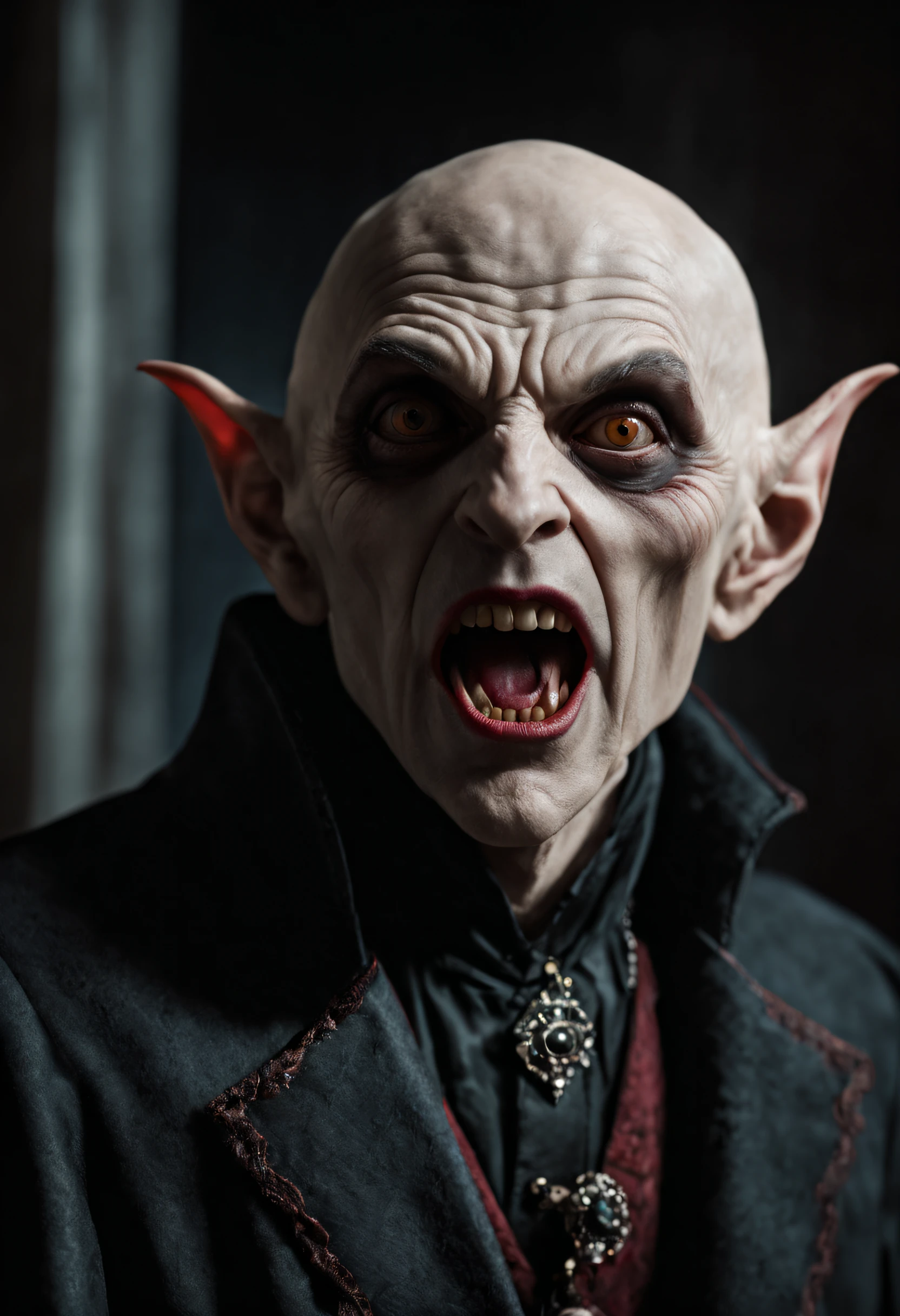RAW photo, best, masterpiece, best quality, high quality, extremely detailed (scary male Nosferatu vampire lord: 1.3), elder vampire, long fangs, pale skin, best quality, cinematic lighting, sharp focus, photo-realistic, ultra-realistic, 8k