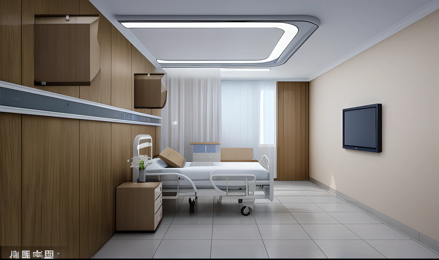 There is a ward with bed and TV, sterile minimalistic room, sickroom, sickroom, Hospital interior, clean medical environment, hospitals, hospital in background, hospital lighting, medical lighting, clean room, Medical equipment, ornate hospital room, rendered in vray, personal room background, Medical photography, emergency room, photograph of 3d ios room，Wooden cabinets on the wall
