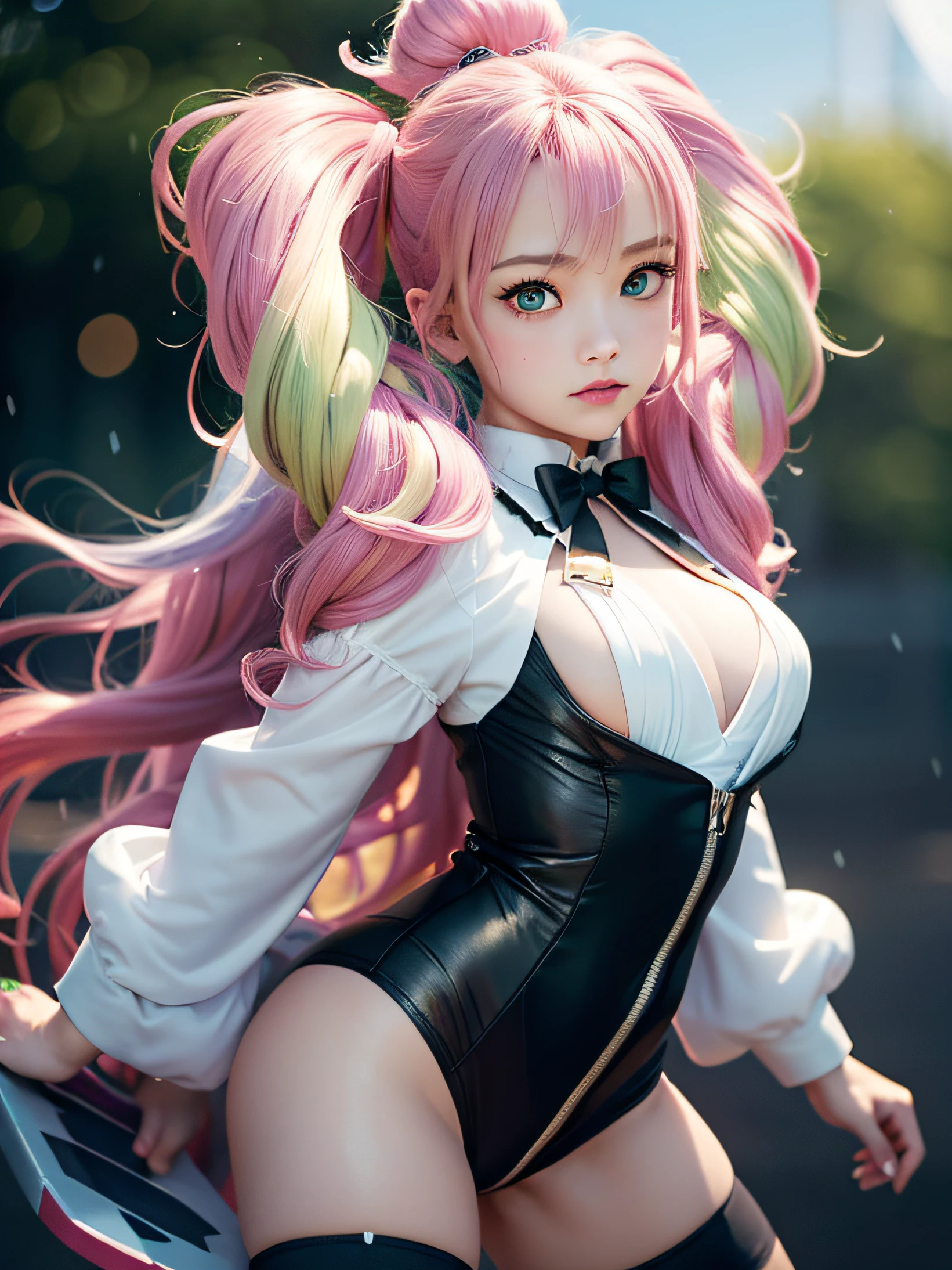 Unbeatable masterpiece, Ultra photo realism , Perfect artwork , Intricate details , Best quality , Strong light , High contrast , Dynamic pose , Dutch angle , ((Depth of field:1.8)) , 1 girl , Character hair accessories , Solo , Yellow jacket , Long hair , hair adornments , One-leg tights , Jacket , thigh band , Pink hair , multicolour hair , Pantyhose , sleeves past wrists , sleeves past fingers ,bow-shaped hair , low-tied long hair , view the viewer , Breasts , Very long hair , Blush , grey pantyhose , Very long sleeves , two tone color hair , Oversized clothes , bangs , rainbow eyes , double tails , Simple background , Long sleeves, (random result), (RAW style, masterpiece, best quality, hyperrealistic, highres, unreal engine), pokemon, cowboy shot of Iono the Pokemon Trainer
