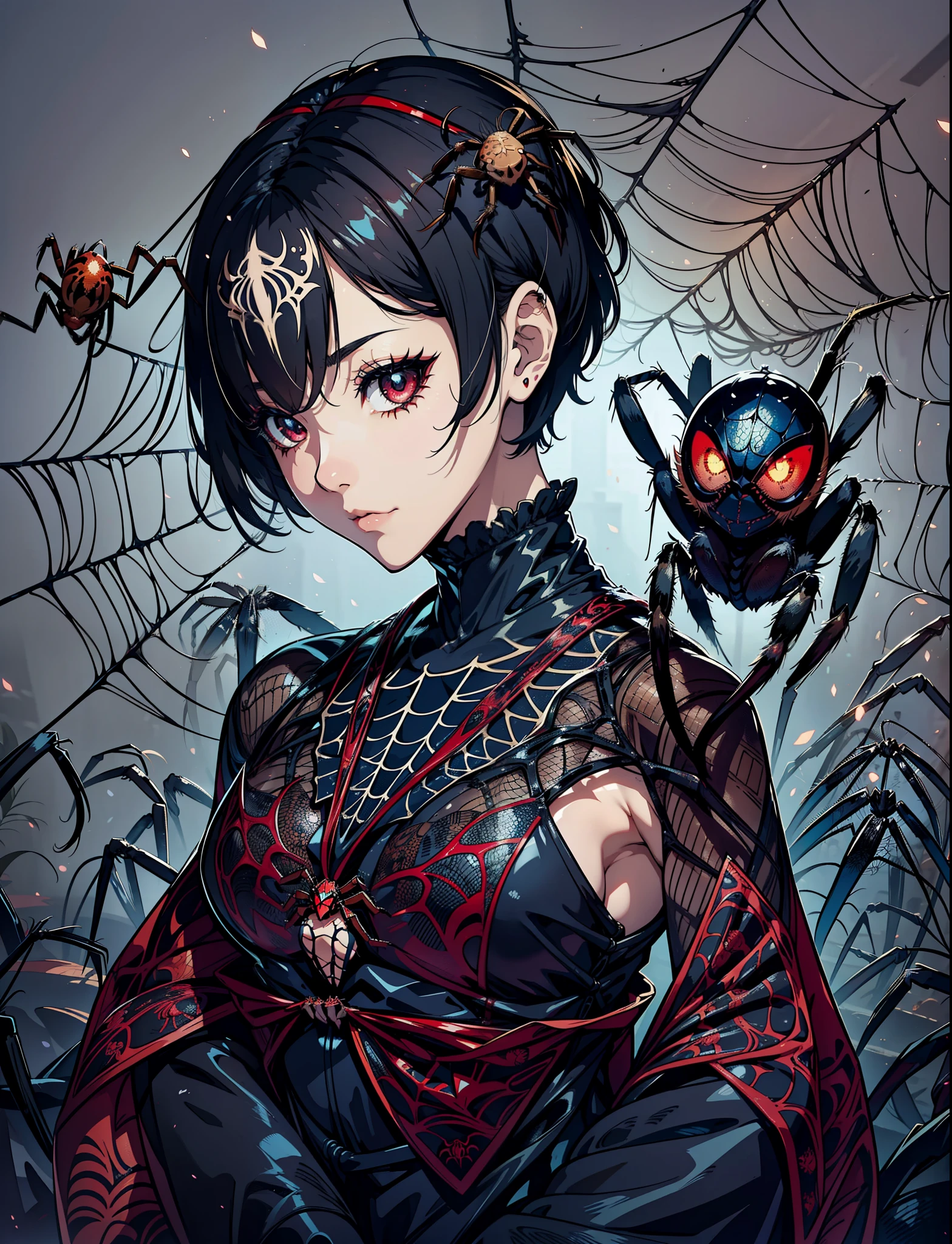 Beautiful girl fused with a spider. Girl in Japanese style maid costume. ((Female Solo. 1.1)) . hiquality. Dark fantasy style illustration. she has short hair. ratex. Shining eyes. Spider legs extending from behind her. tarantula. Embroidery with a spider web pattern. Spider web tattoo. monstergirl. Dark indoor. Wooden house.