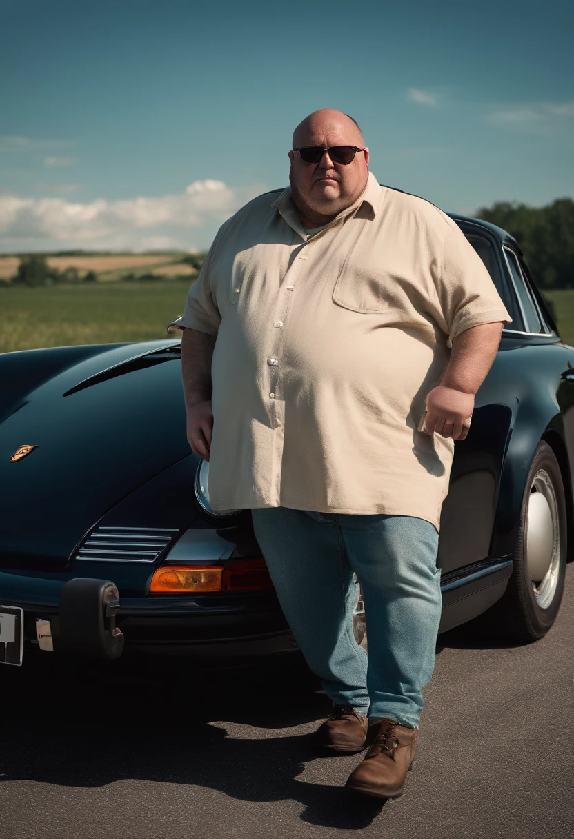 Morbidly obese man driving a Porsche 911. With work clothes. No traffic. realist. See Camera in person. Proxim images. Done in high resolution. 8K