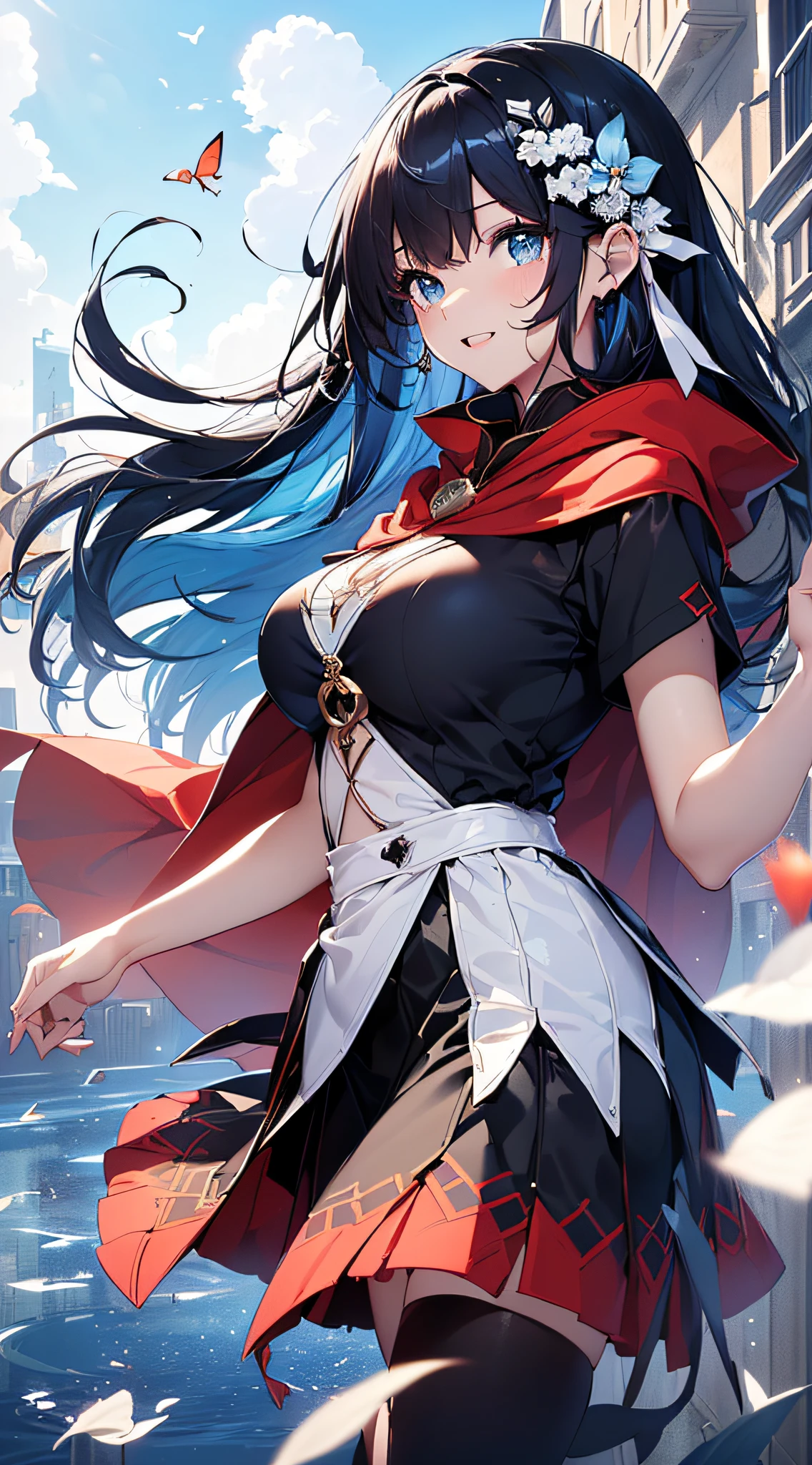 top-quality、Top image quality、masterpiece、girl with((cute little、18year old、Best Bust、Medium bust、Bust 85,Beautiful blue eyes、Breasts wide open,Long Black Hair、A slender、Blue hair mesh、Black and white T-shirt、Blue short skirt,red cloak,Laugh、jumpping、Flying in the sky、Reflecting the whole body、Fluttering cloak、Fluttering short skirt))hiquality、Beautiful Art、Background with((blue-sky、mid air、flying though the air)),masutepiece、Elaborate design、visualart、depth of fields、The best lighting、highestdetailed、8k