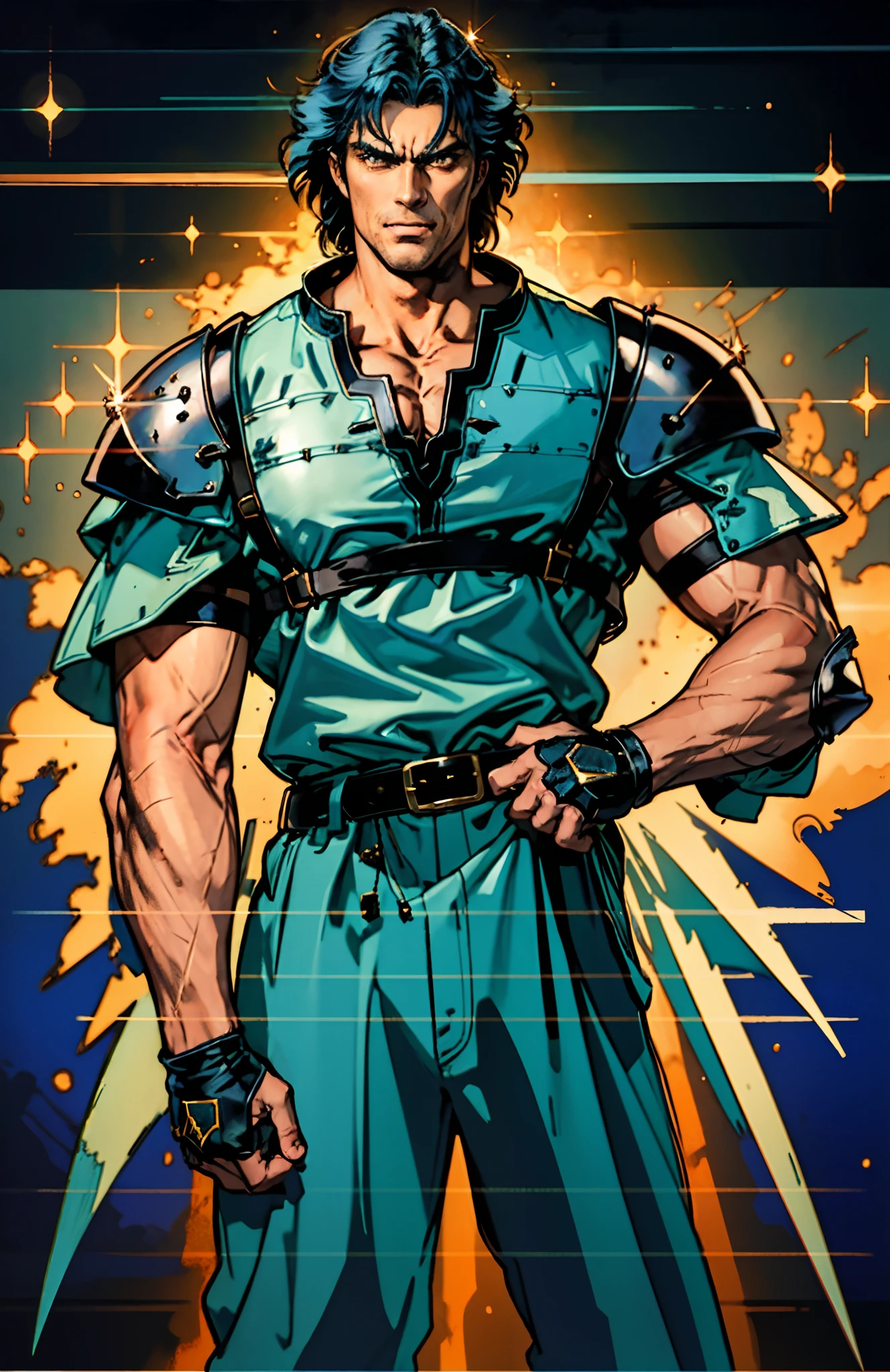 An elderly man with short dark blue hair, a fierce gaze, a wild toothy grin, a fantasy-style outfit of leather armor and a white shirt, a white chest armor with dark blue stripes on the edges, he holds a phantom dagger, dagger emitting a faintly green glow, a belt tied around his waist, cloth trousers, the background shows the vastness of the cosmic stars, this character embodies a finely crafted fantasy-style swordsman in anime style, characterized by an exquisite and mature manga illustration art style, high definition, best quality, highres, ultra-detailed, ultra-fine painting, extremely delicate, professional, anatomically correct, symmetrical face, extremely detailed eyes and face, high quality eyes, creativity, RAW photo, UHD, 8k, Natural light, cinematic lighting, masterpiece:1.5