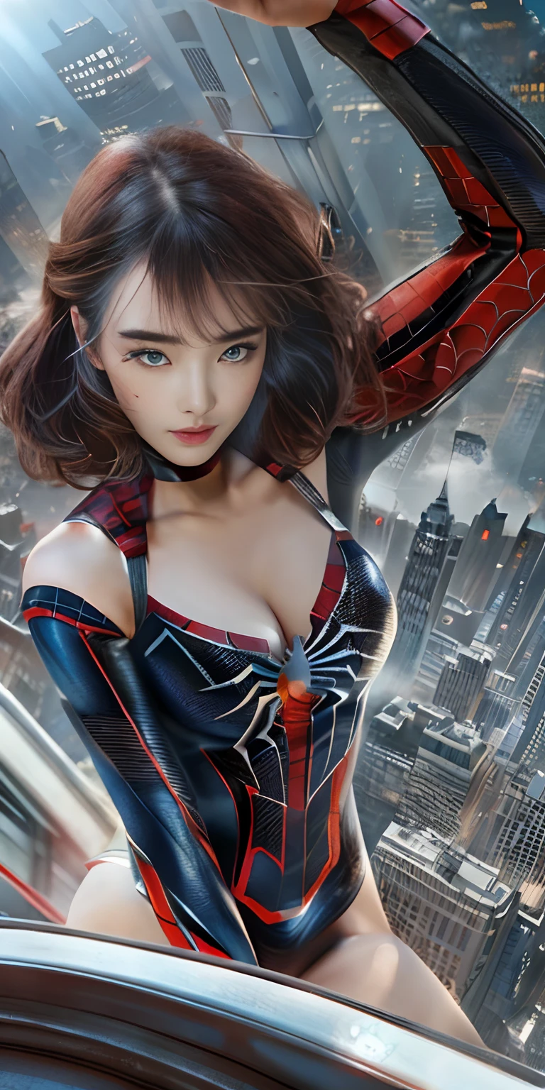 (1girl:1.3), solo, ((very detailed face)))), ((very detailed eyes and face))), beautiful detail eyes, body parts__, official art, unified 8k wallpaper, super detailed, beautiful and beautiful, beautiful, masterpiece, best quality, original, masterpiece, super fine photo, best quality, super high resolution, realistic realism, sunlight, full body portrait, amazing beauty, dynamic pose, delicate face, big breast, vibrant eyes, (from the front), she is wearing a Spider-Man suit, red and black color scheme, spider, very detailed city roof background, rooftop, overlooking the city, detailed face, detailed complex busy background, messy, gorgeous, milky white, highly detailed skin, realistic skin details, visible pores, clear focus, volumetric fog, 8k uhd, DSLR, high quality, film grain, fair skin, photo realism, lomography, futuristic dystopian giant metropolis, translucent