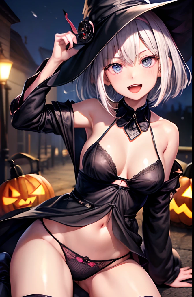 (top-quality、in 8K、32K、​masterpiece、nffsw、超A high resolution、Impresionismo、Photorealsitic:1.2)、Colossal tits、cowboy  shot, detailed faces and eyes、 Night city、Dim Street Lights、Jack-o'-lanterns are placed on the road、Halloween costumes、beauitful face、blurry backround、16-year-old beautiful girl、shinny skin、short-hair、Silvery beautiful hair、Blunt bangs、Black eyes、(Katyusha:1.2)、Black Witch Robe、Mini Skirt、Black witch hat、Curve、Stand on one knee、(Pink panties are visible:1.2)、Smile with open mouth、Opening legs