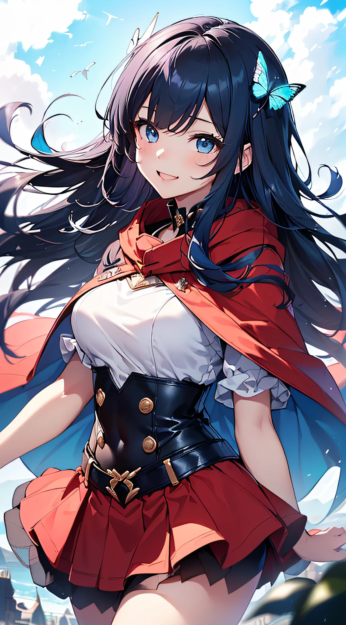 top-quality、Top image quality、masterpiece、girl with((cute little、18year old、Best Bust、Medium bust、Bust 85,Beautiful blue eyes、Breasts wide open,Long Black Hair、A slender、Blue hair mesh、Black and white T-shirt、Blue short skirt,red cloak,Laugh、jumpping、Flying in the sky、Reflecting the whole body、Fluttering cloak、Fluttering short skirt))hiquality、Beautiful Art、Background with((blue-sky、mid air、flying though the air)),masutepiece、Elaborate design、visualart、depth of fields、The best lighting、highestdetailed、8k