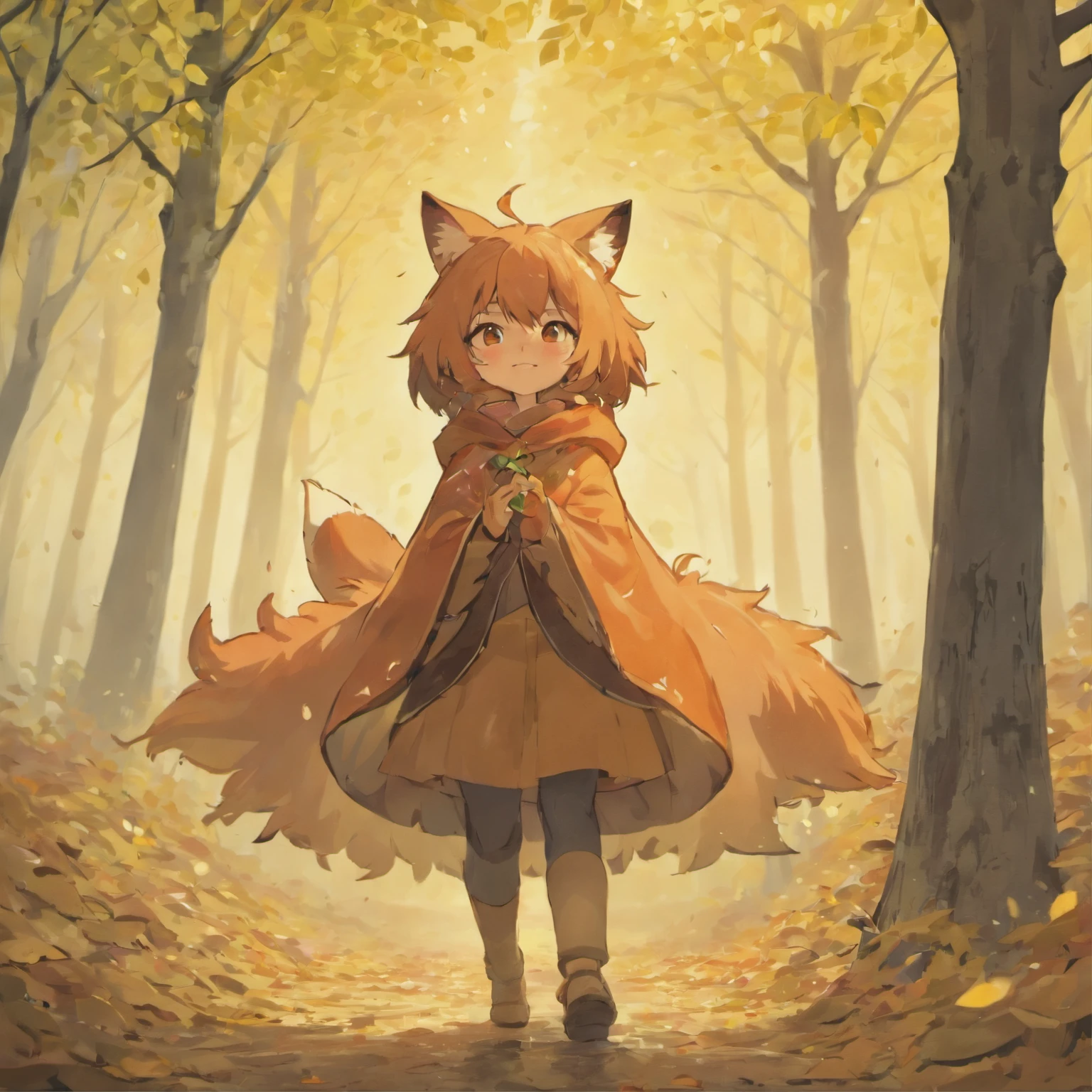(Best Quality,4K,8K,hight resolution,masutepiece:1.2),Ultra-detailed, a lot of fallen leaves,Colorful autumn scene,Red nuts,cute fox,autumn forest,Cloak fox made of maple leaves,Hide fox,Tree roots,rainy day,serene ambiance,maple trees,Colored leaves,Beautiful colored fox,dark green and orange leaves,,My friend Tanuki,Looks fun,A smile,Tasty-looking nuts,peaceful environment,Natural lighting,Soft raindrops,Leaves in the ground,Gentle fog,The tree々The sun flickers,Majestic tree trunk,Innocence,Cute atmosphere