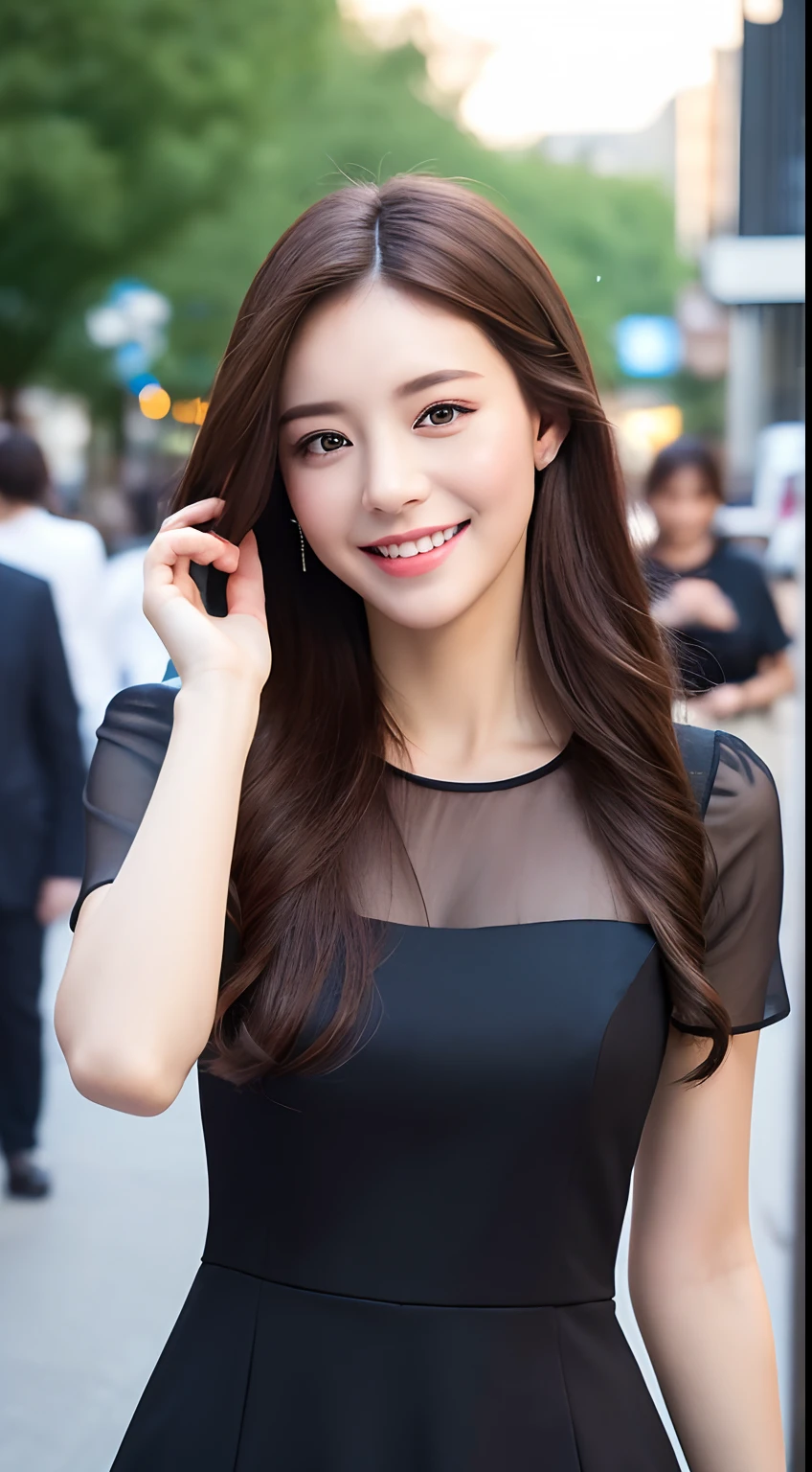 ((best quality, 8k, masterpiece :1.3)), 1 girl, smiling, whole body, face slimming, pretty Woman, (Dark brown hair), full length short dress :1.1, Super detailed faces, delicate eyes, double eyelids, long wavy hair, blurred background, face slimming, City, external, street, Random body orientation,