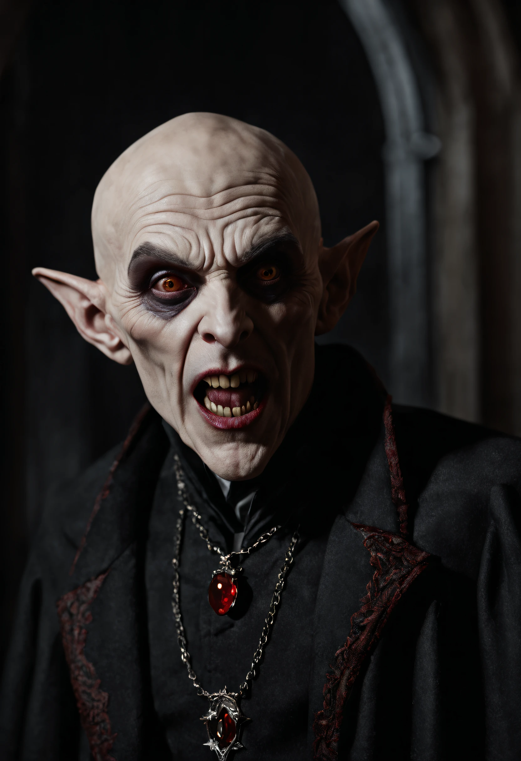 RAW photo, best, masterpiece, best quality, high quality, extremely detailed (scary male Nosferatu vampire lord: 1.3), elder vampire, long fangs, pale skin, best quality, cinematic lighting, sharp focus, photo-realistic, ultra-realistic, 8k