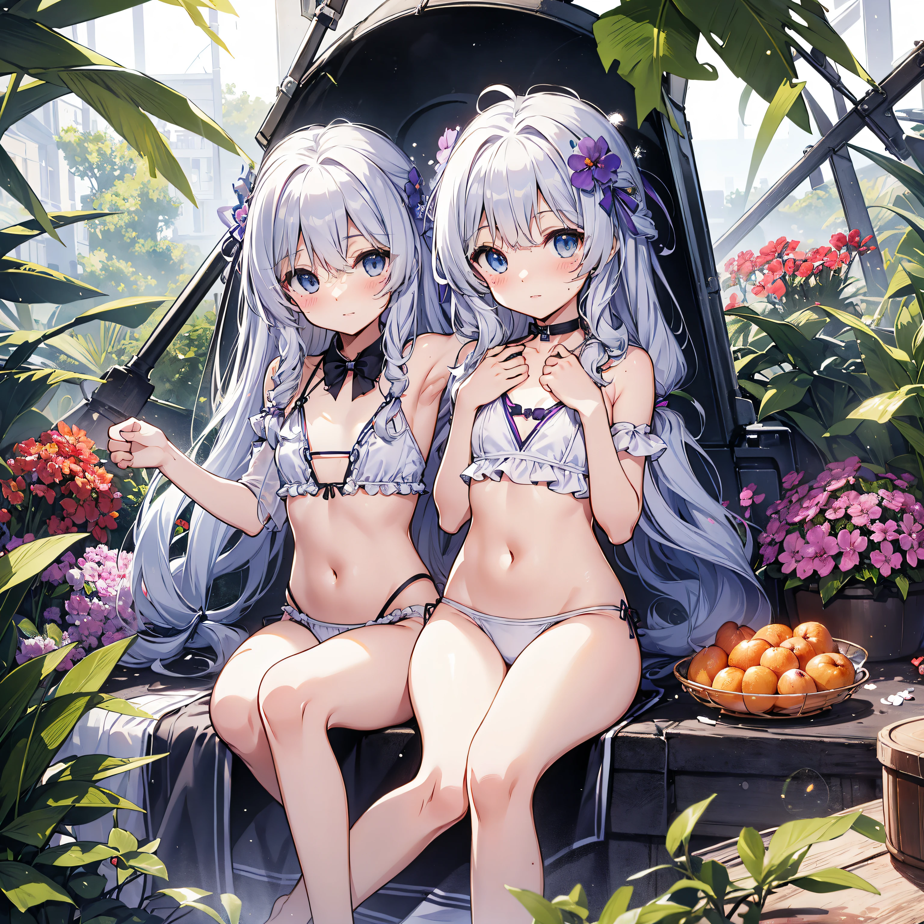 high-level image quality、top-quality、Detailed drawing、Does not blush cheeks、Slender beauty、Docile、White swimsuit、Small eyes、Smaller chest、Twin-tailed、poneyTail、Petanko sitting、Sister sitting、Inner thigh-sitting、a bed, arm up, armpits