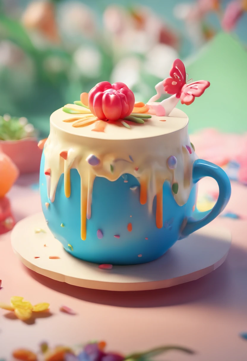 （Close-up of a small cake melting in a mug）， (Blue mug：1.37），（The little cake is melting：1.37，），(Flowers and butterflies in the cake），Illustration element，
