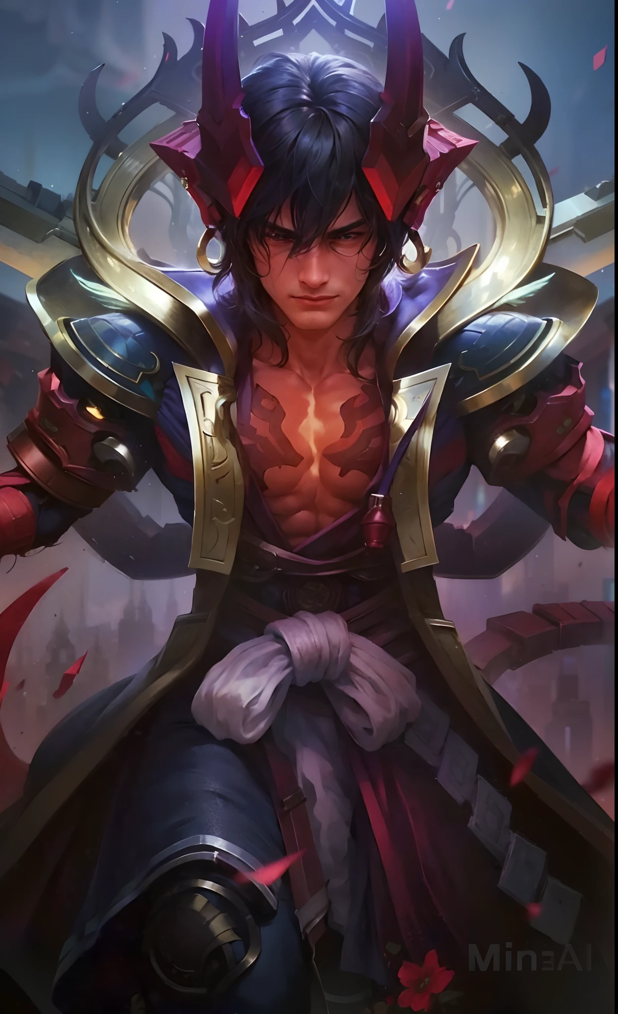 (Intricate Details, Masterpiece, Best Quality, High Resolution, 8k), (1man), (male:1.2), mature, dandy face, finely detailed eyes and face, toned body, masculine appeal, commanding presence, hot stud, bulging biceps and triceps, well-developed quadriceps and hamstrings, light skin, burgundy straight layered bangs hair, aquamarine eyes,  ornate details,  portrait, solo, half shot, looking down, detailed background, detailed face, (cogpunkai, cogpunk theme:1.1),  tech-mage,   [magic|technology], melding of spellcraft and advanced technology,  intricate [spellcasting clothes|mechanical gear], gear shaped glyphs,  ancient crystals,  [gears|ancient spell],  floating particles,  [innovative|enchanting] aura, high tech vehicle in background,   , finely detailed background, Depth of Field, VFX, young man and handsome