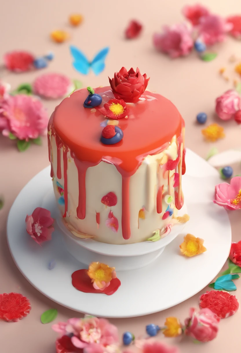 (Close-up of a small cake melting in a cup),The cake is melting,There were flowers and butterflies in the cake,Illustration element,3D