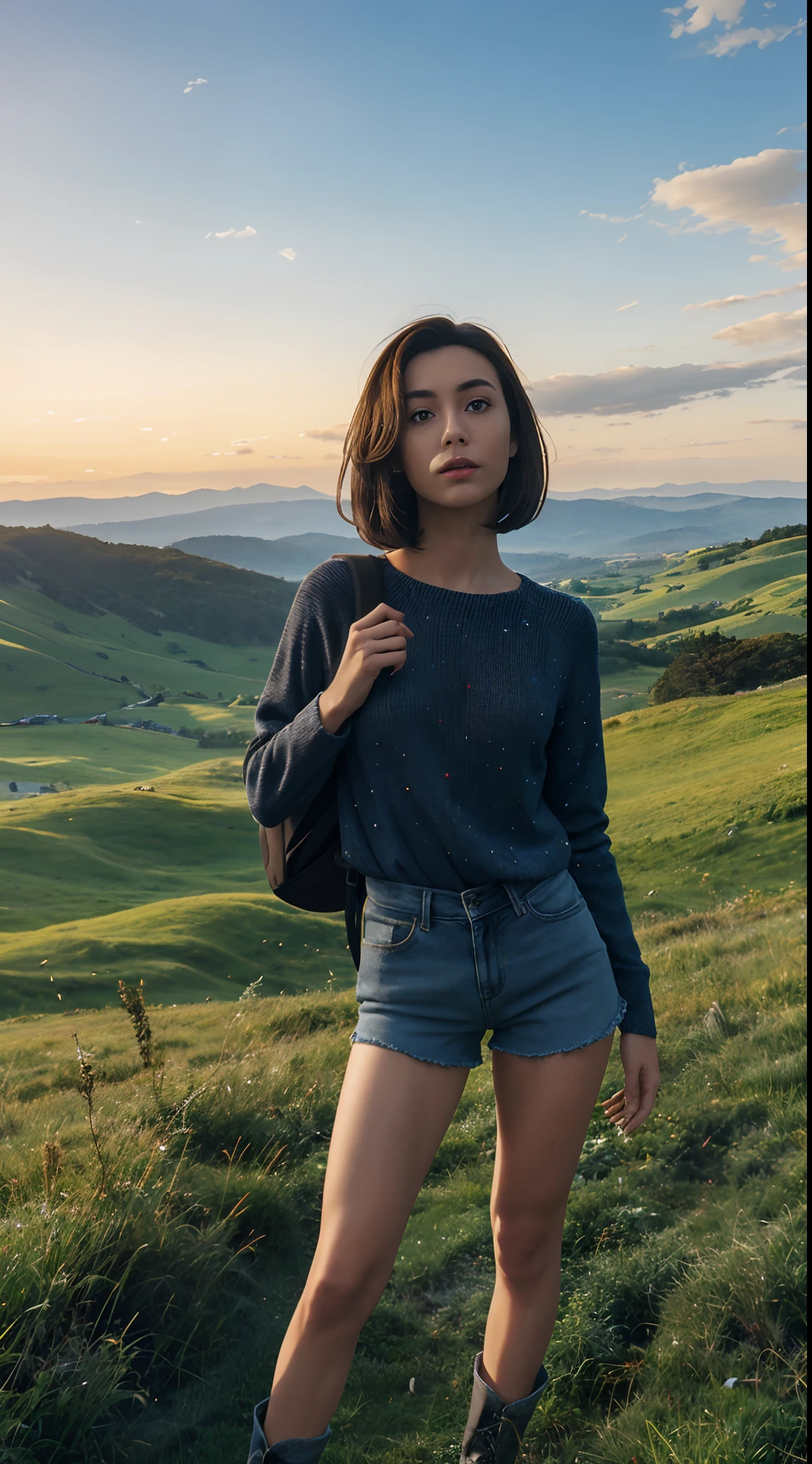 (beautiful and magnificent skyline, majestic sky), (extremely tense and dramatic pictures, moving visual effects), (high hanging Polaris, colorful natural light), (1girl), (long-sleeved top, denim shorts, carrying a backpack), (dynamic pose:1.3, black eyes, black hime-cut hair, sparkling girl)[:0.8], (large grassland), (oncoming breeze), (brown hair and background Coordination effect: 1.2), (close shot, long shot mix and match)[::0.9]