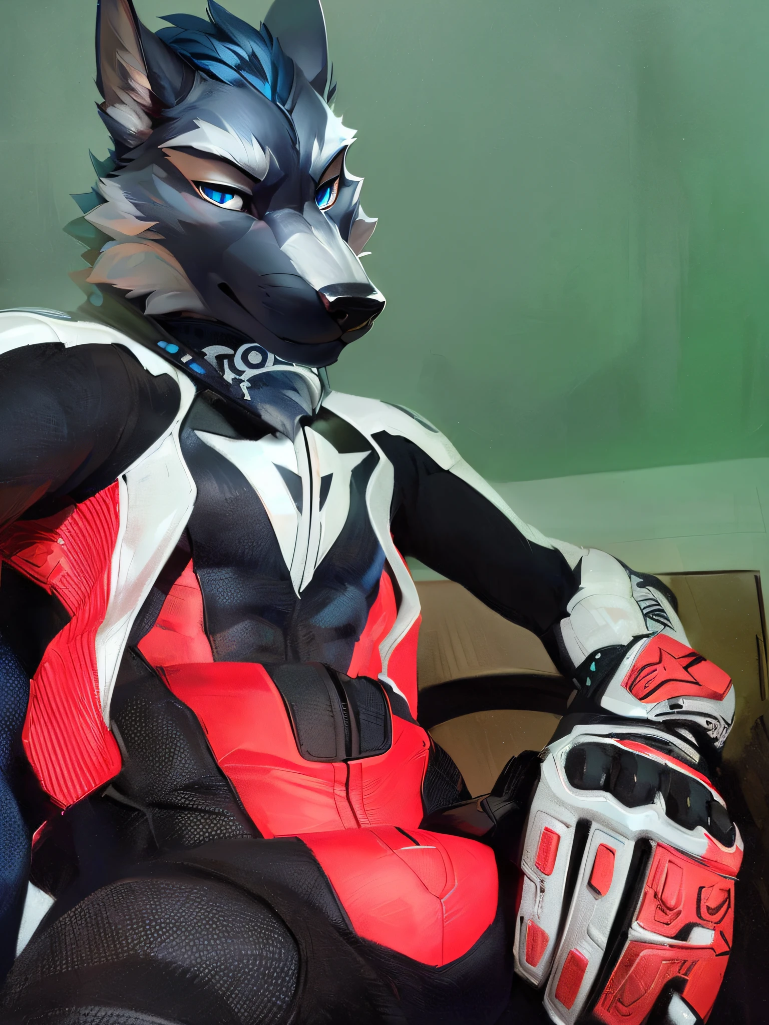 Wolf((guy)), kemono, ((wearing same as the reference)), red(((motogp racingsuit))), have an((erection)), stroking((big red head))dick, moaning, ((cum))