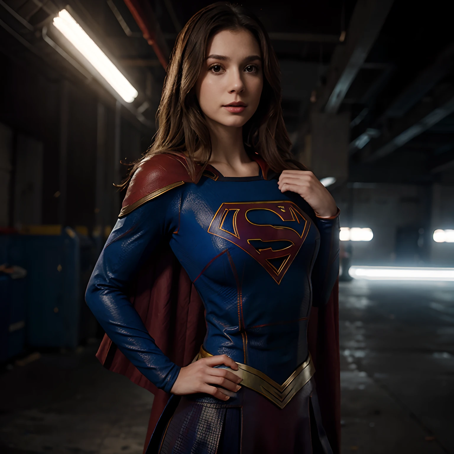 DC movies,photo of a 18 year old girl,supergirl,hands on hips,happy,ray tracing,detail shadow,shot on Fujifilm X-T4,85mm f1.2,sharp focus,depth of field,blurry background,bokeh,motion blur,<lora:add_detail:1>,