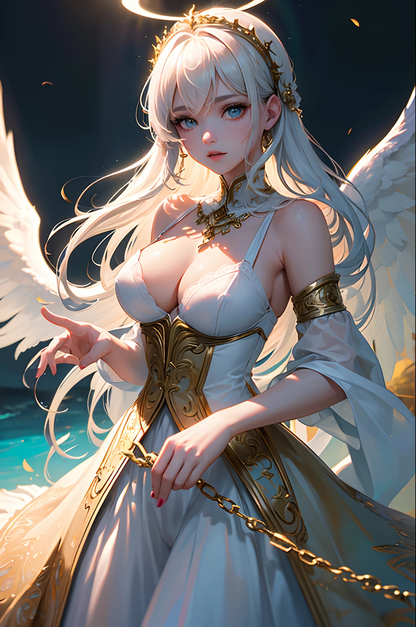 (Masterpiece:1.2), best quality, (illustration:1.2), ornate decorations,(Masterfully crafted Glow, lens flare), (ultra-detailed), hyper details, (delicate detailed), (intricate details), (cinematic light, best quality Backlights),(bioluminescent hair), (glowing eyes), (Dynamic:1.2), ((makeup)), absolutely eye-catching, prehistoric,((colourful paint splashes on background, dulux,)), ((caustic)), dynamic angle, (Captivating),(Intricately Detailed Cinematic :1.1), ambient occlusion, ambient light, ray-traced reflections,(best illumination, an extremely delicate and beautiful), ((cinematic light)), colourful, powerful, (Cinematic masterpiece),big dreamy eyes, perfect proportions, perfectly drawn face, Albedo, white hair, chains, comfortable, Intense, day, Golden sky, Inticing, illustration, Angels everywhere, yellow eyes, red roses, chains, splashes of colour, smooth soft skin, Golden Hour, atmospheric, Park, Fields, Bullets, Breath-taking, ambient light coming from sky, soft warm glow coming from chains, god rays, halo, beautiful intricate coloured hair, symmetrical, soft lighting, , concept art, digital painting, looking into scenery, realistic reflections, tracers everywhere