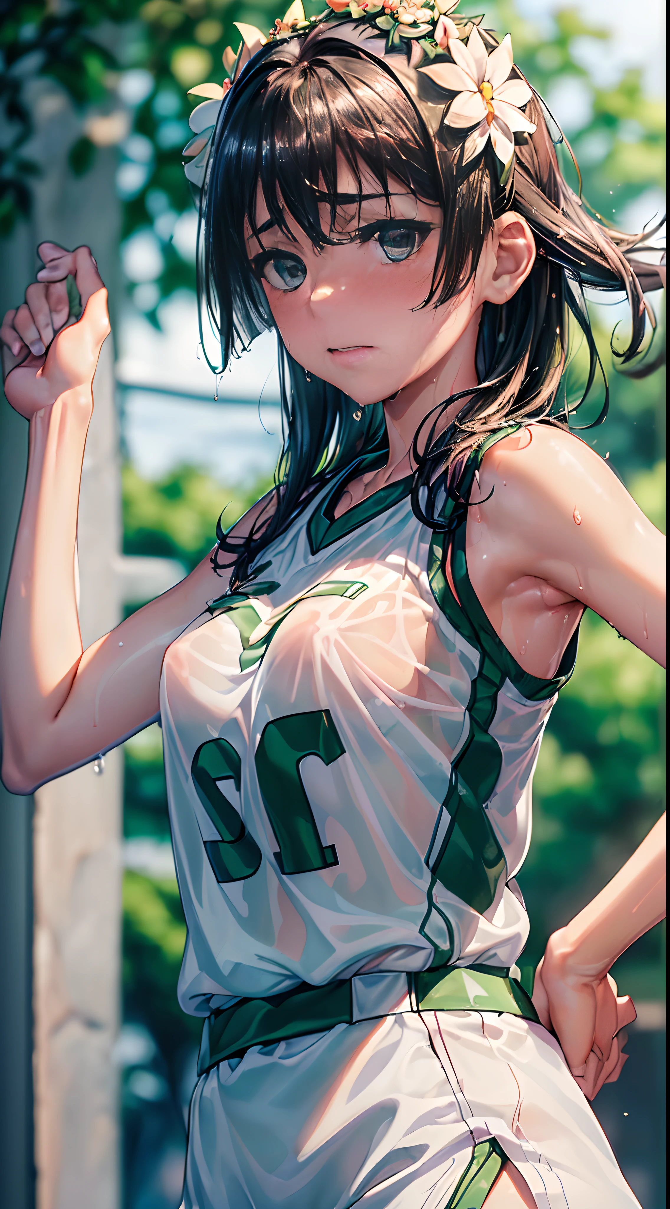 (((​masterpiece,top-quality,超A high resolution))),1womanl, ,(((Wet with sweat))),Beautiful breasts,12year old,,(((Shy look))),(((I'm blushing))),(((Nariko Saten)),,(((Best Quality,4K,in 8K))),((closes mouth)),(((See-through White Basketball Jersey)),The wind is blowing,